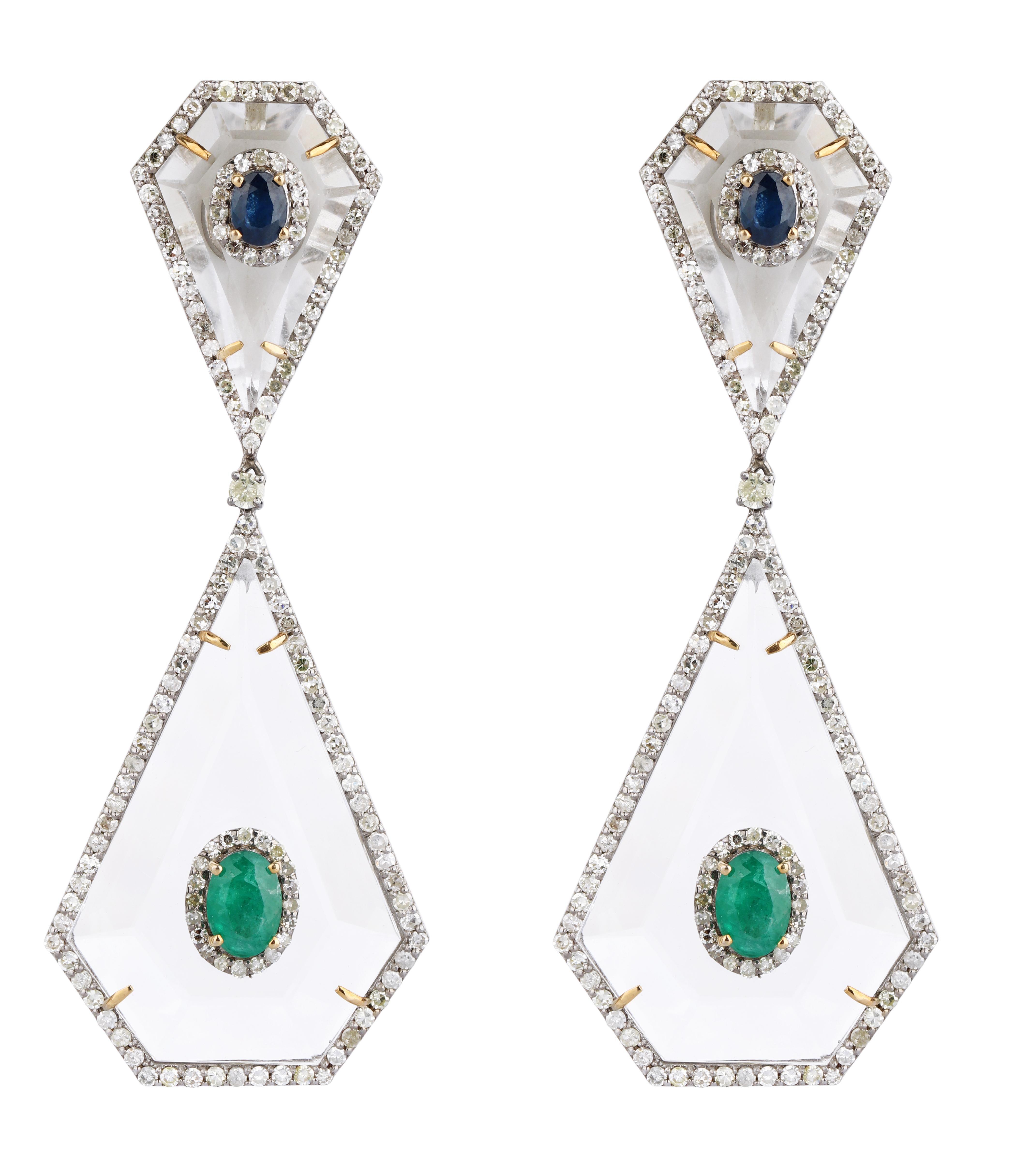29.20 Carats Crystal, Diamond, Emerald, and Sapphire Dangle Earrings In New Condition For Sale In Jaipur, IN