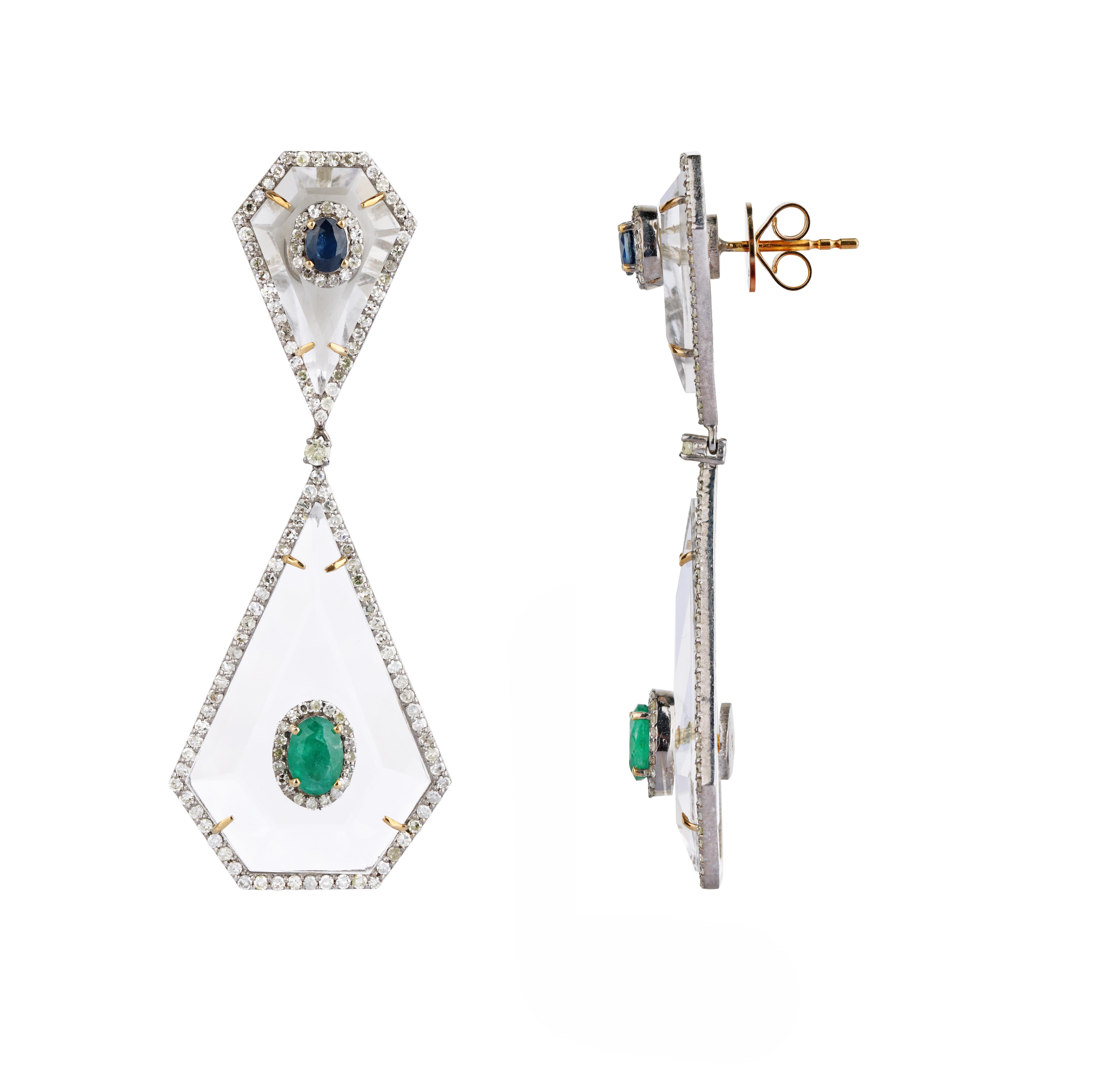 Women's 29.20 Carats Crystal, Diamond, Emerald, and Sapphire Dangle Earrings For Sale