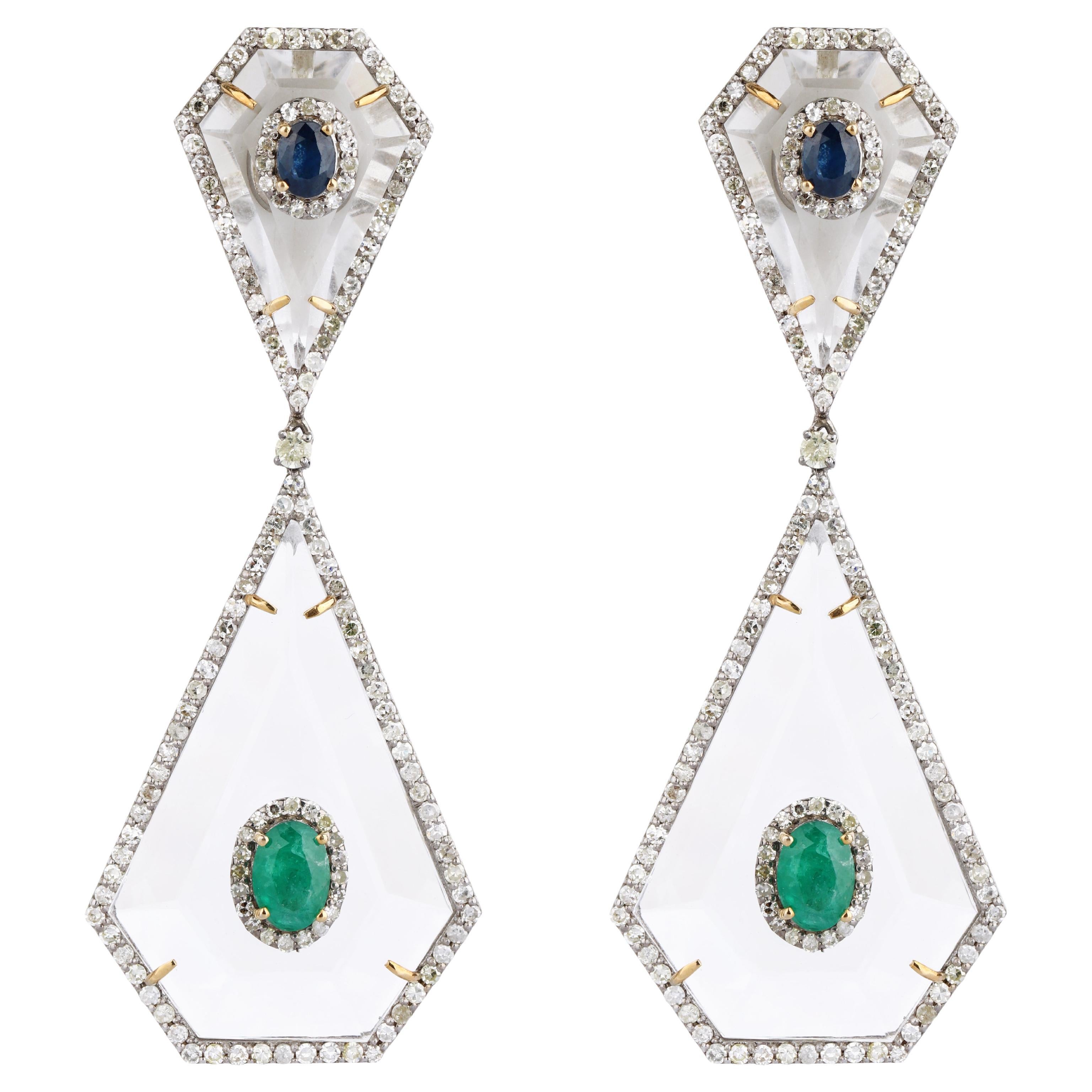 29.20 Carats Crystal, Diamond, Emerald, and Sapphire Dangle Earrings For Sale