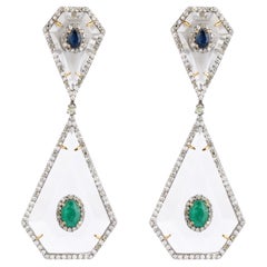 29.20 Carats Crystal, Diamond, Emerald, and Sapphire Dangle Earrings