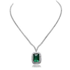 29.20Ct Natural Tourmaline and Diamond 18K Solid White Gold Necklace
