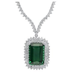 29.20Ct Natural Tourmaline and Diamond 18K Solid White Gold Necklace