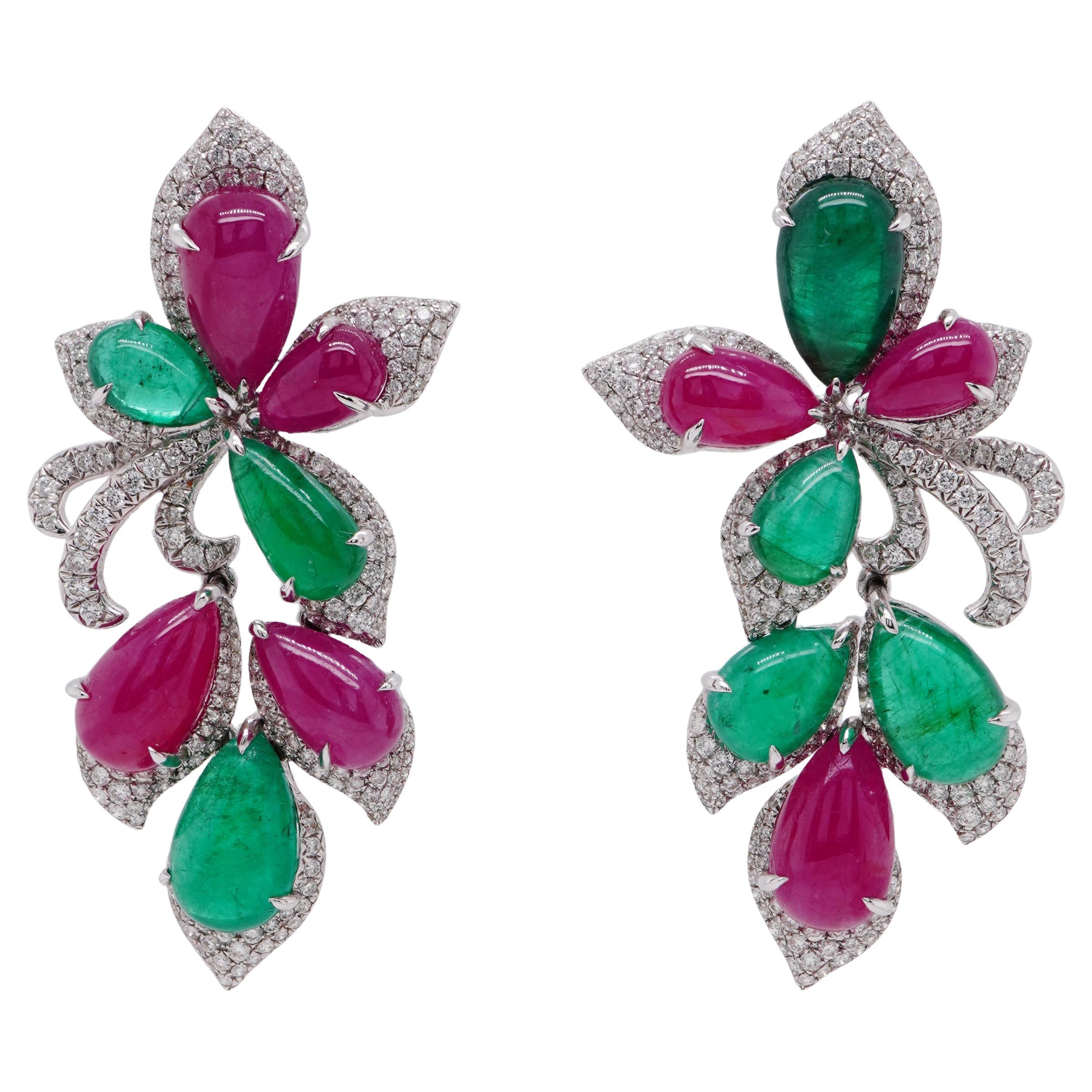 29.23 Carats Burma Ruby And 17.47 Carats Emerald Designer Chandelier 18K Earring