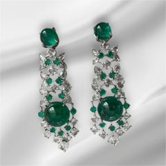 29.23 Carats Zambian Emerald Cabochon Diamond Dangle Earrings