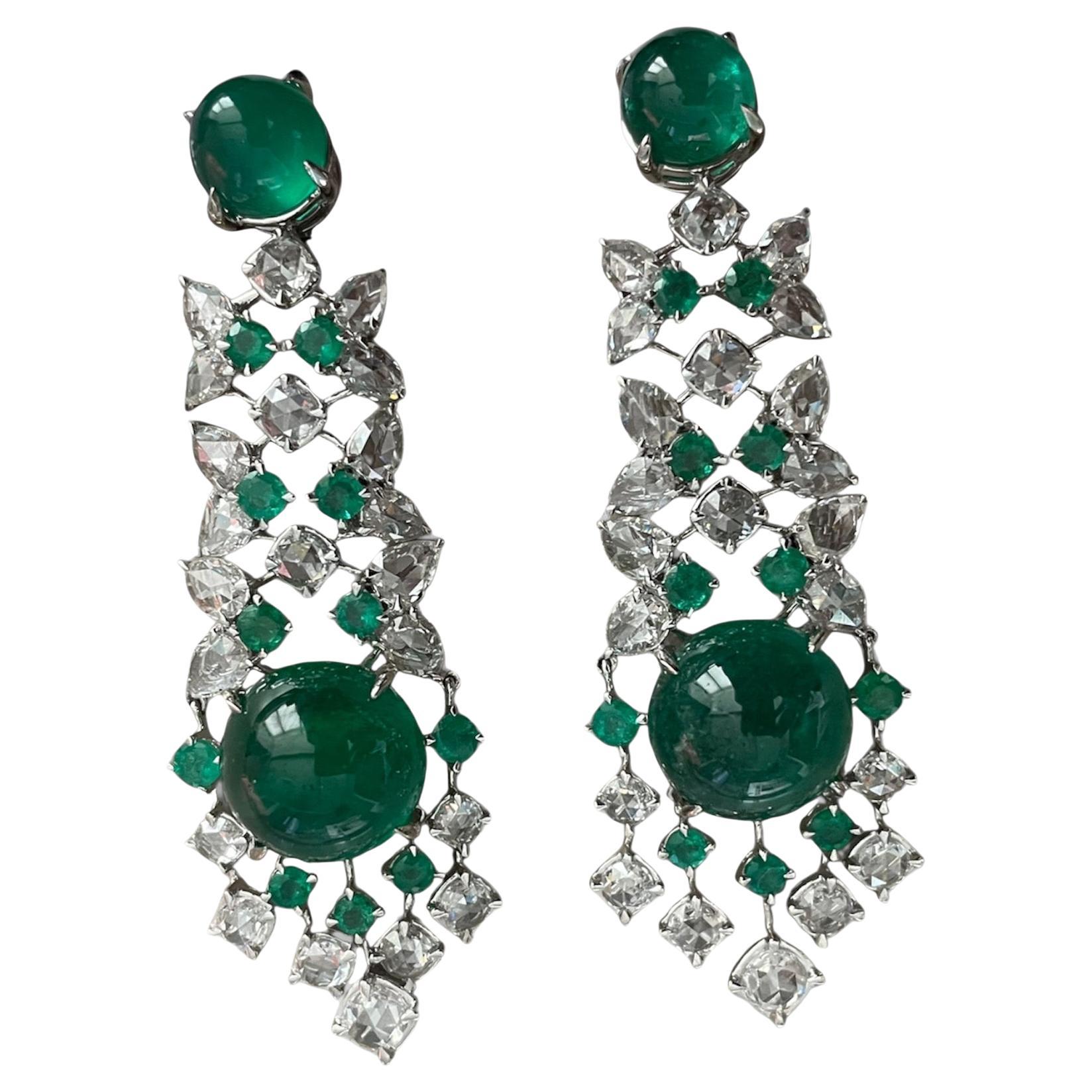 29.23 Carats Zambian Emerald Cabochon Diamond Dangle Earrings