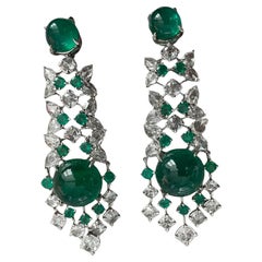 29.23 Carats Zambian Emerald Cabochon Diamond Dangle Earrings