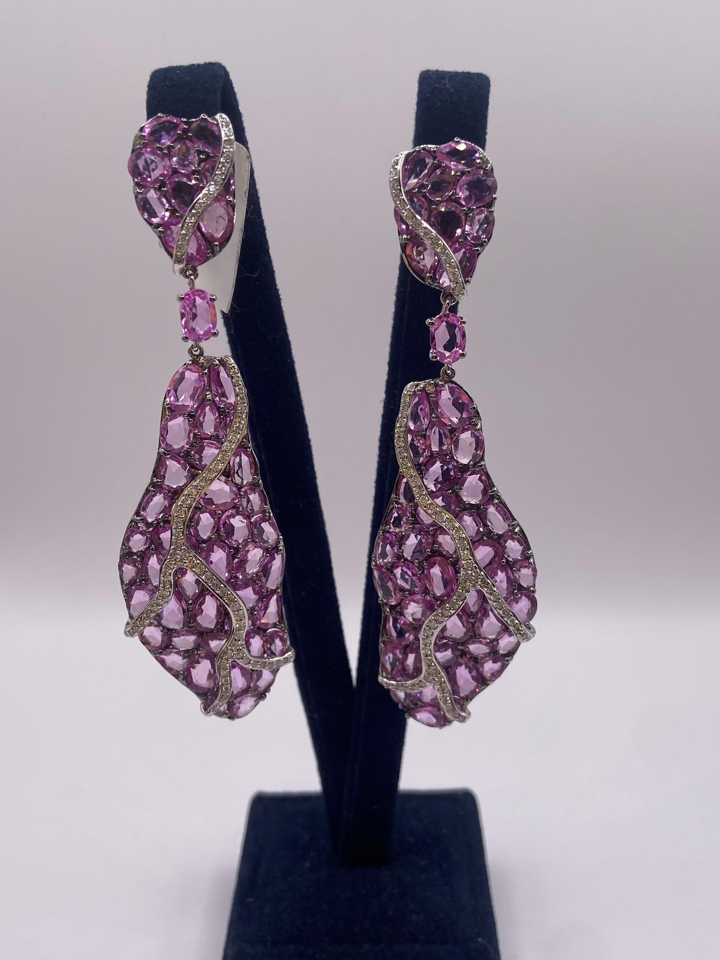 29.24ct Rose Cut Fancy Pink Sapphire & Round Diamond Earrings in 18KT White Gold In New Condition For Sale In New York, NY
