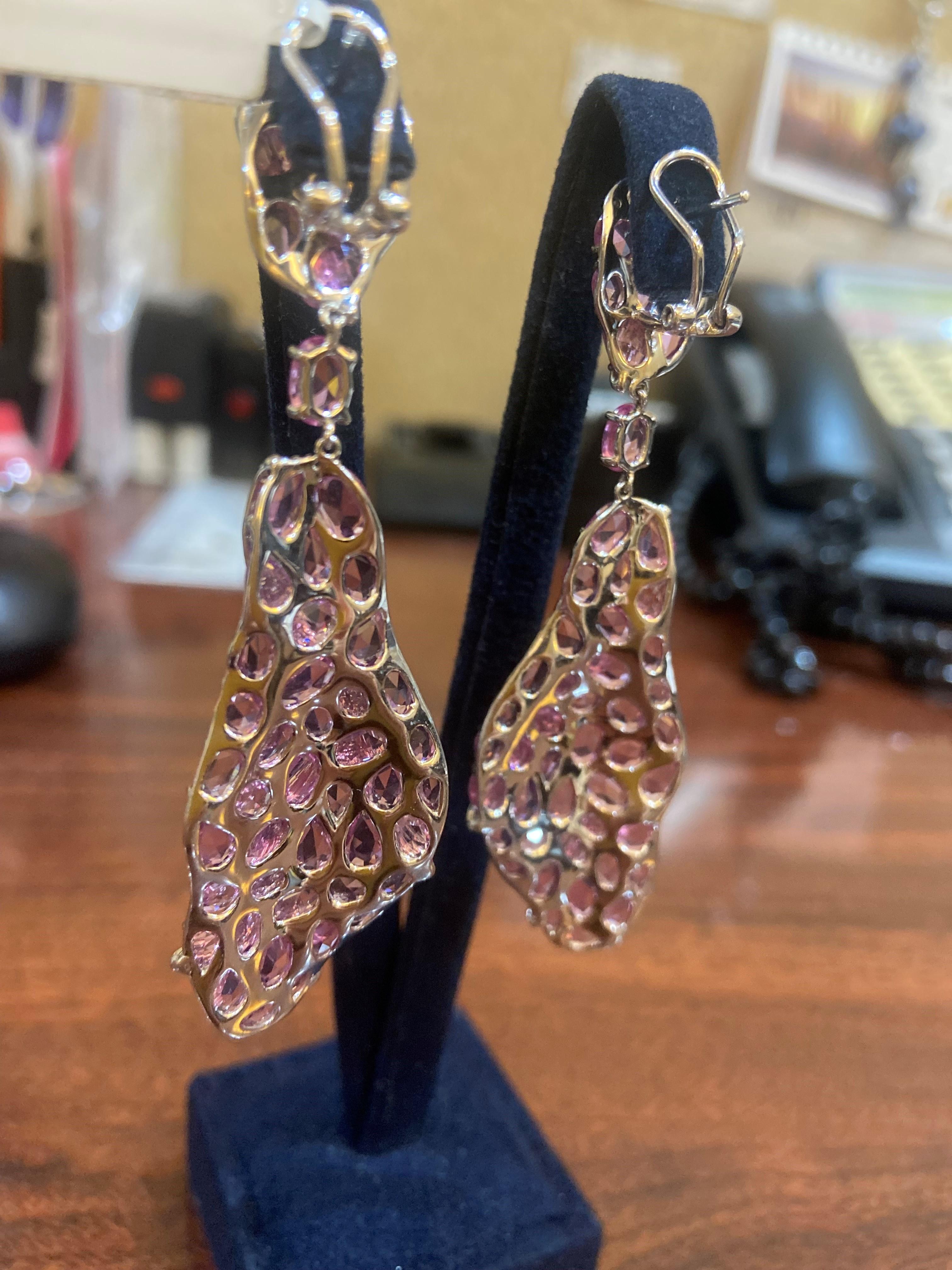 Women's or Men's 29.24ct Rose Cut Fancy Pink Sapphire & Round Diamond Earrings in 18KT White Gold For Sale
