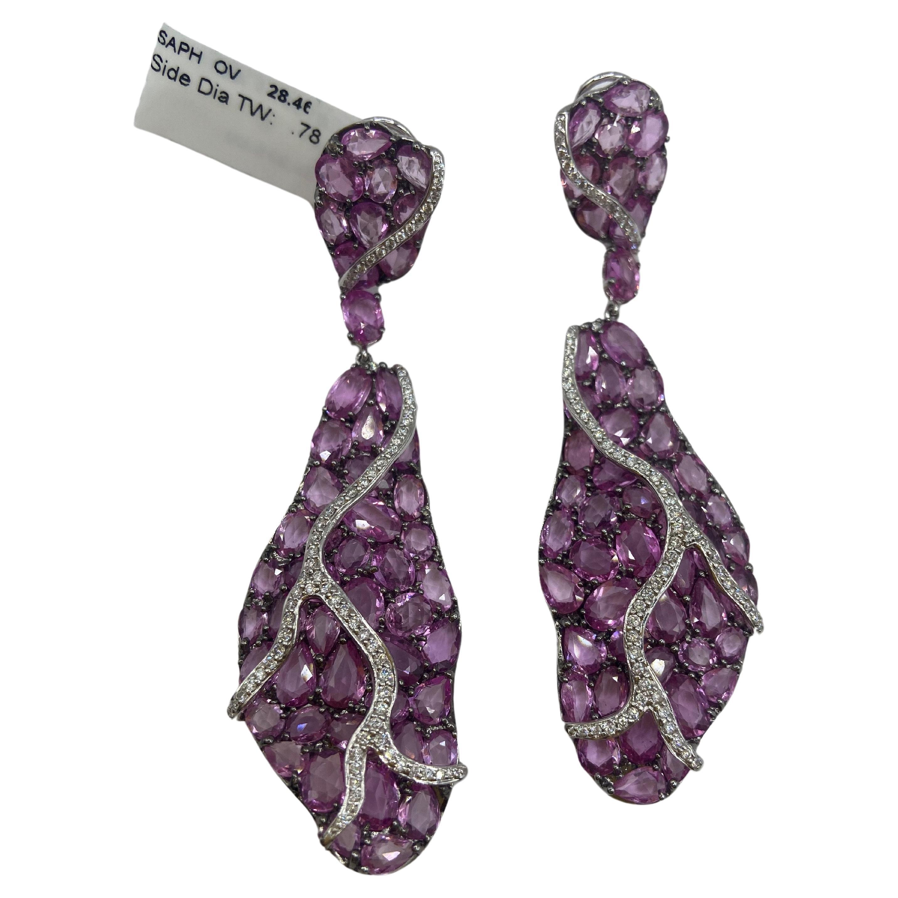 29.24ct Rose Cut Fancy Pink Sapphire & Round Diamond Earrings in 18KT White Gold For Sale