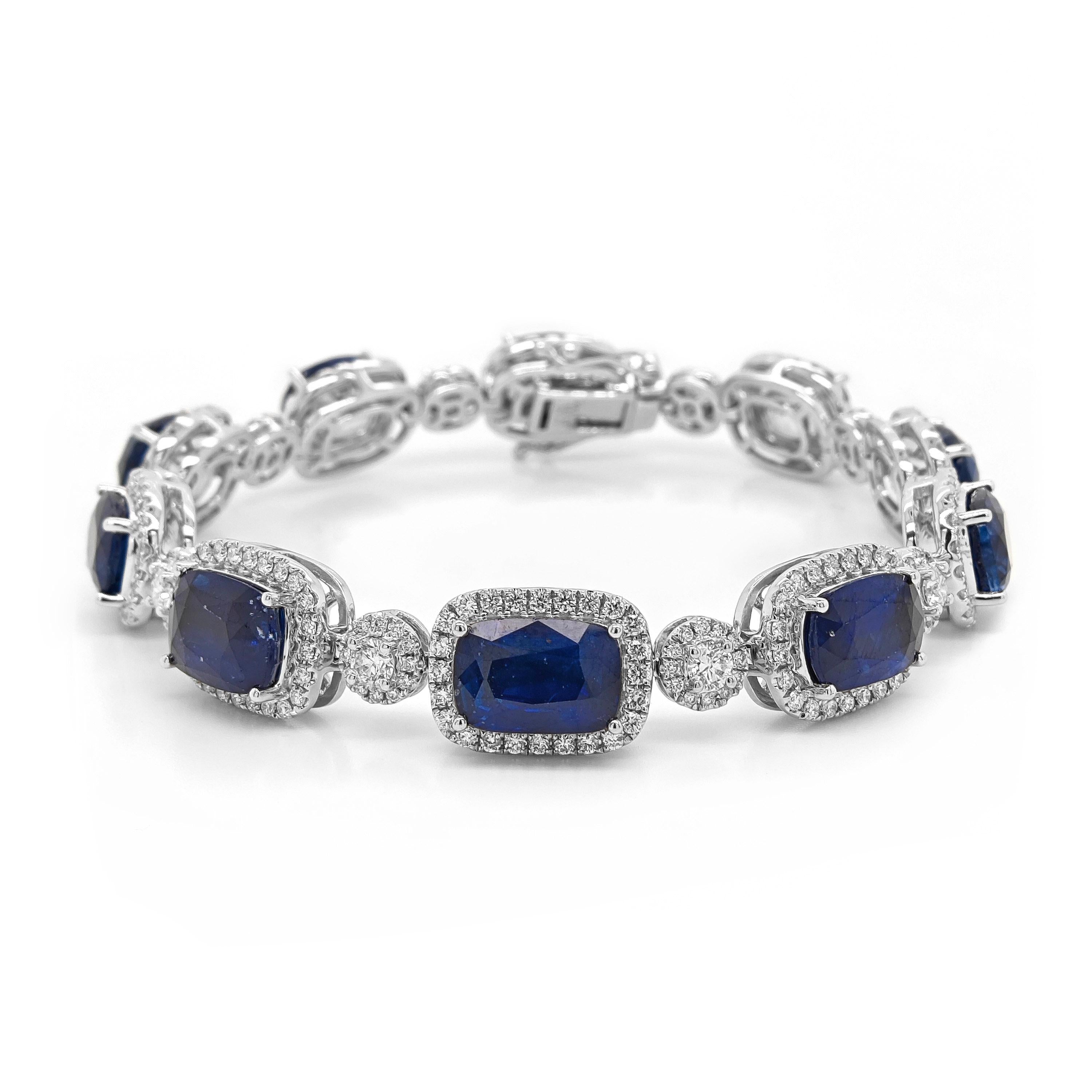 Round Cut GIA Certified 29.25 Carat Sapphire and White Diamond White Gold Bracelet For Sale