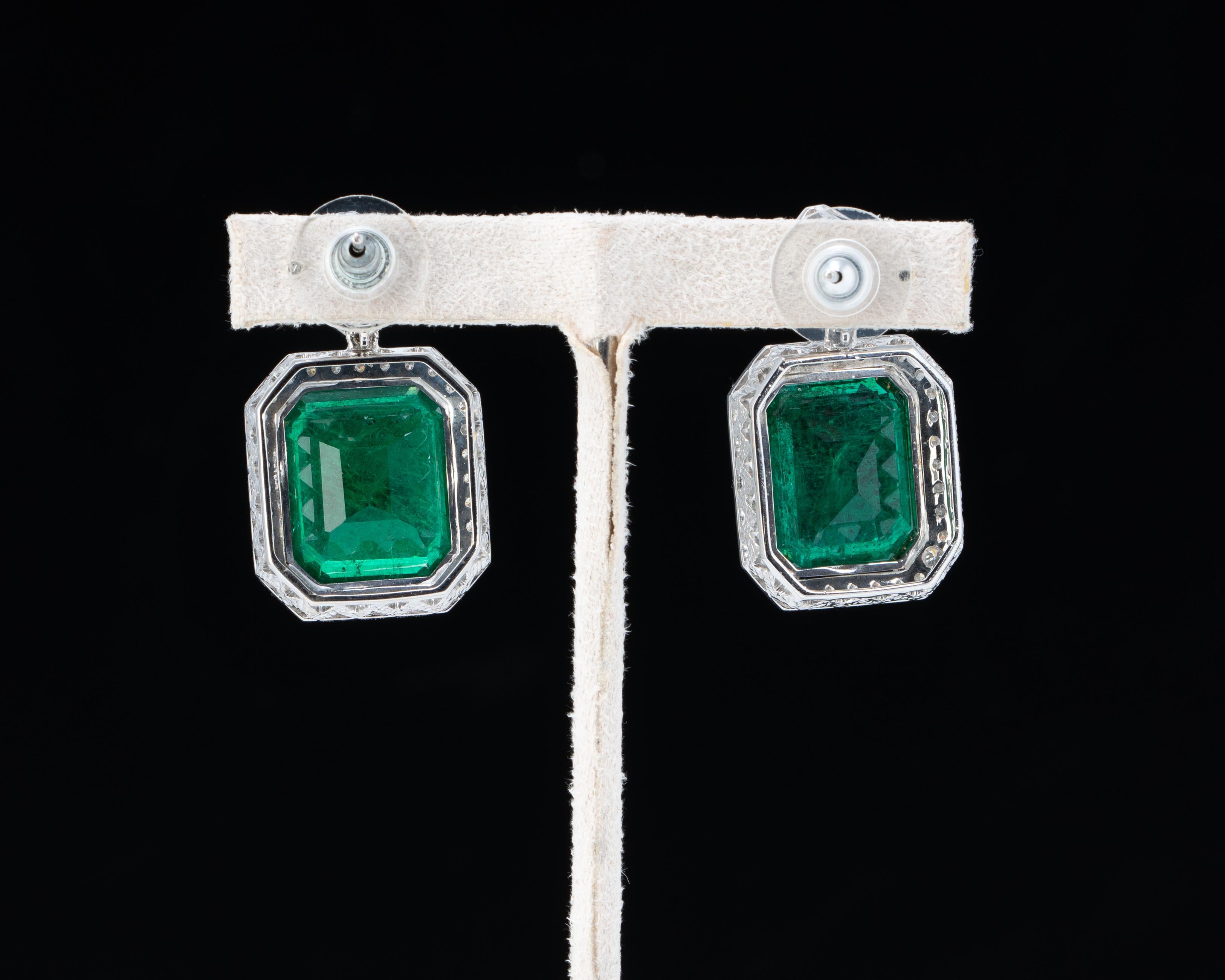 Emerald Cut 29.29 Carat Emerald and Diamond Drop Earrings For Sale