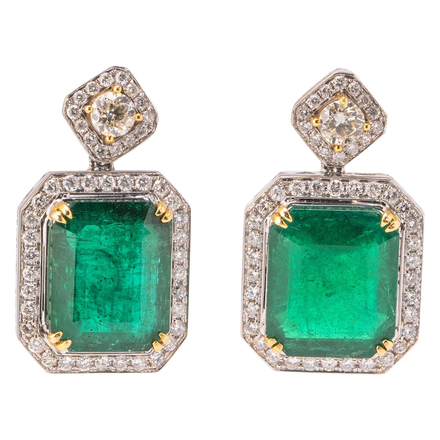 29.29 Carat Emerald and Diamond Drop Earrings For Sale