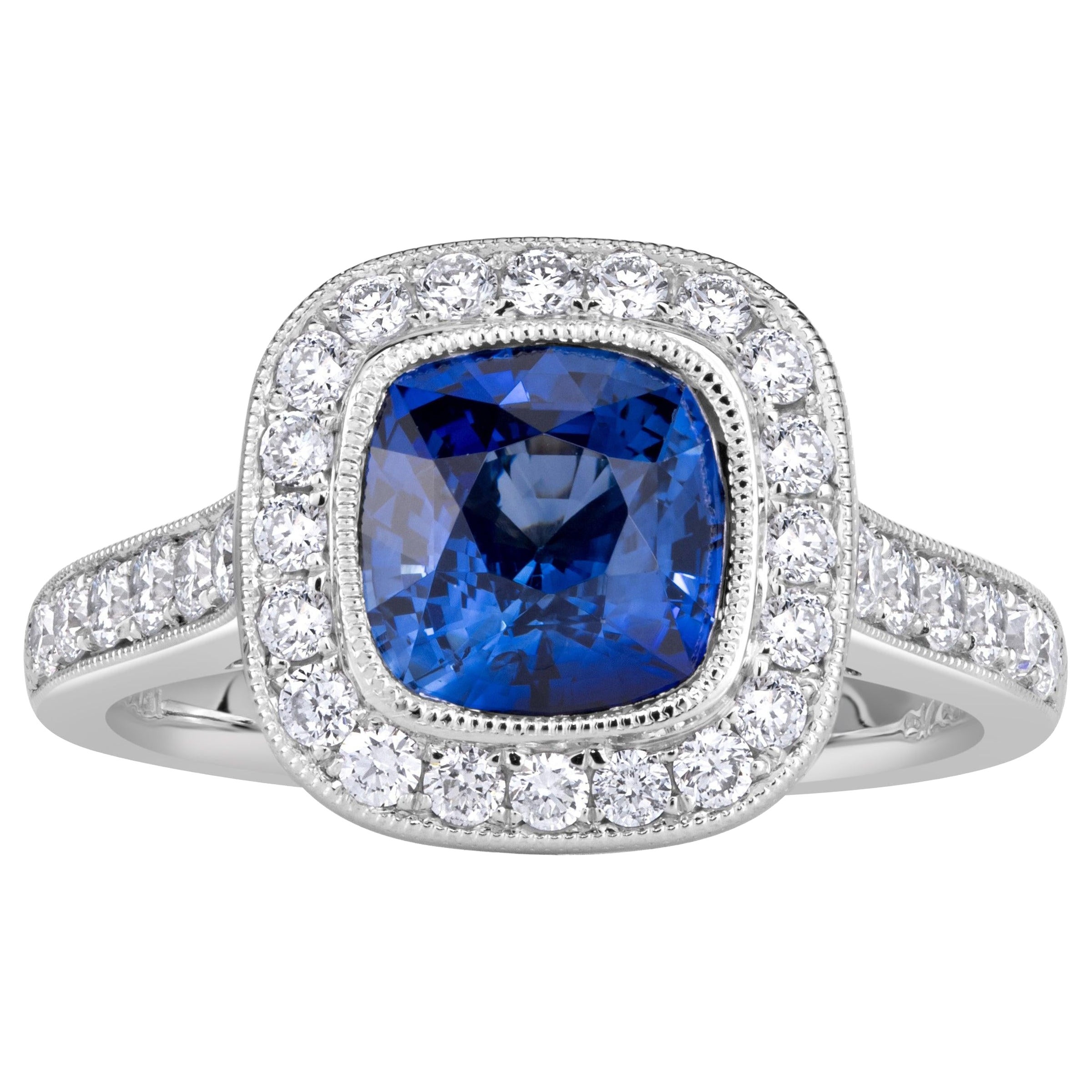 2.92ct Cushion Cut Blue Sapphire Engagement Ring