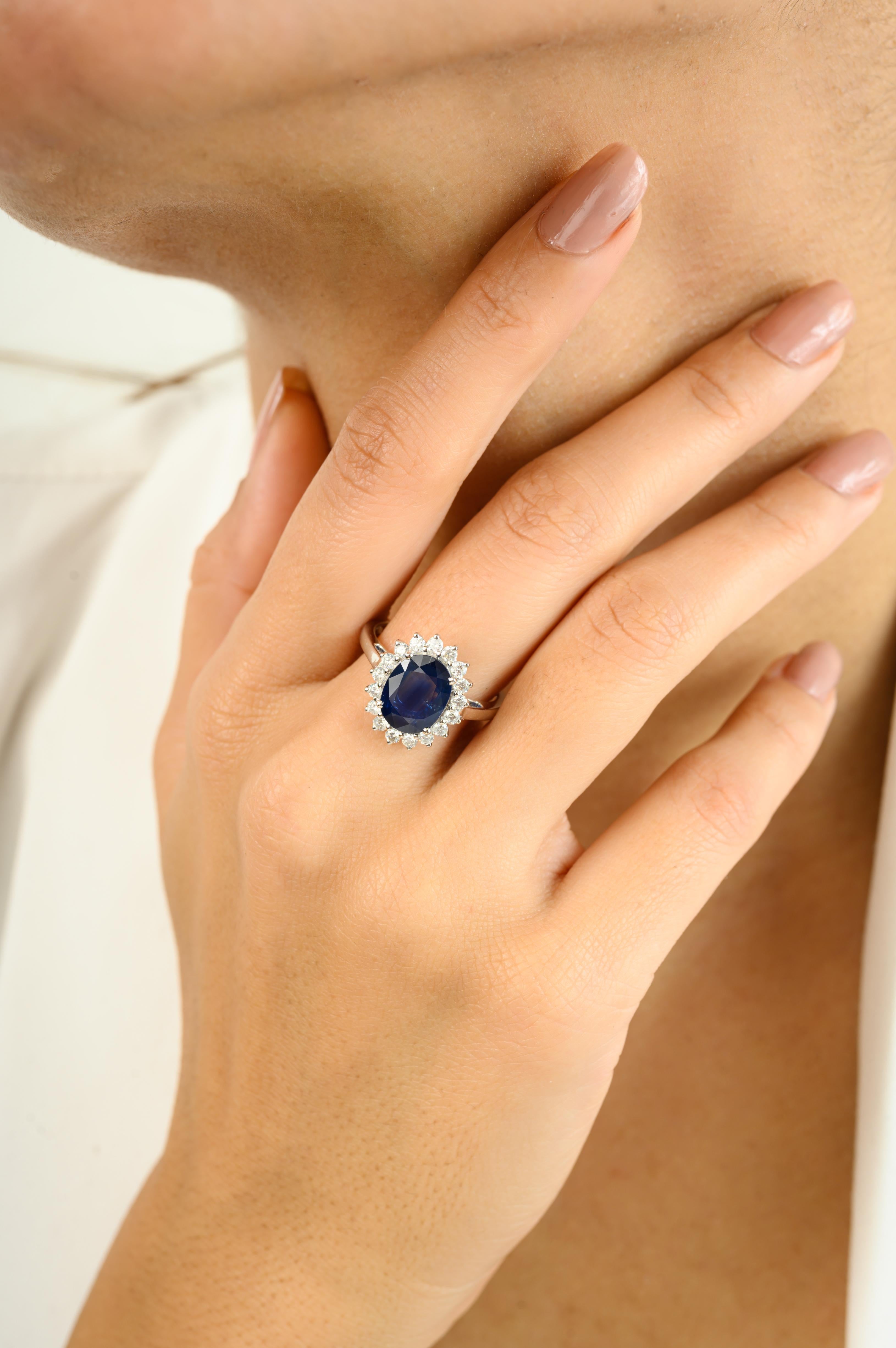 For Sale:  2.92ct Natural Blue Sapphire & Cluster Diamond in 14k Solid White Gold Ring 6