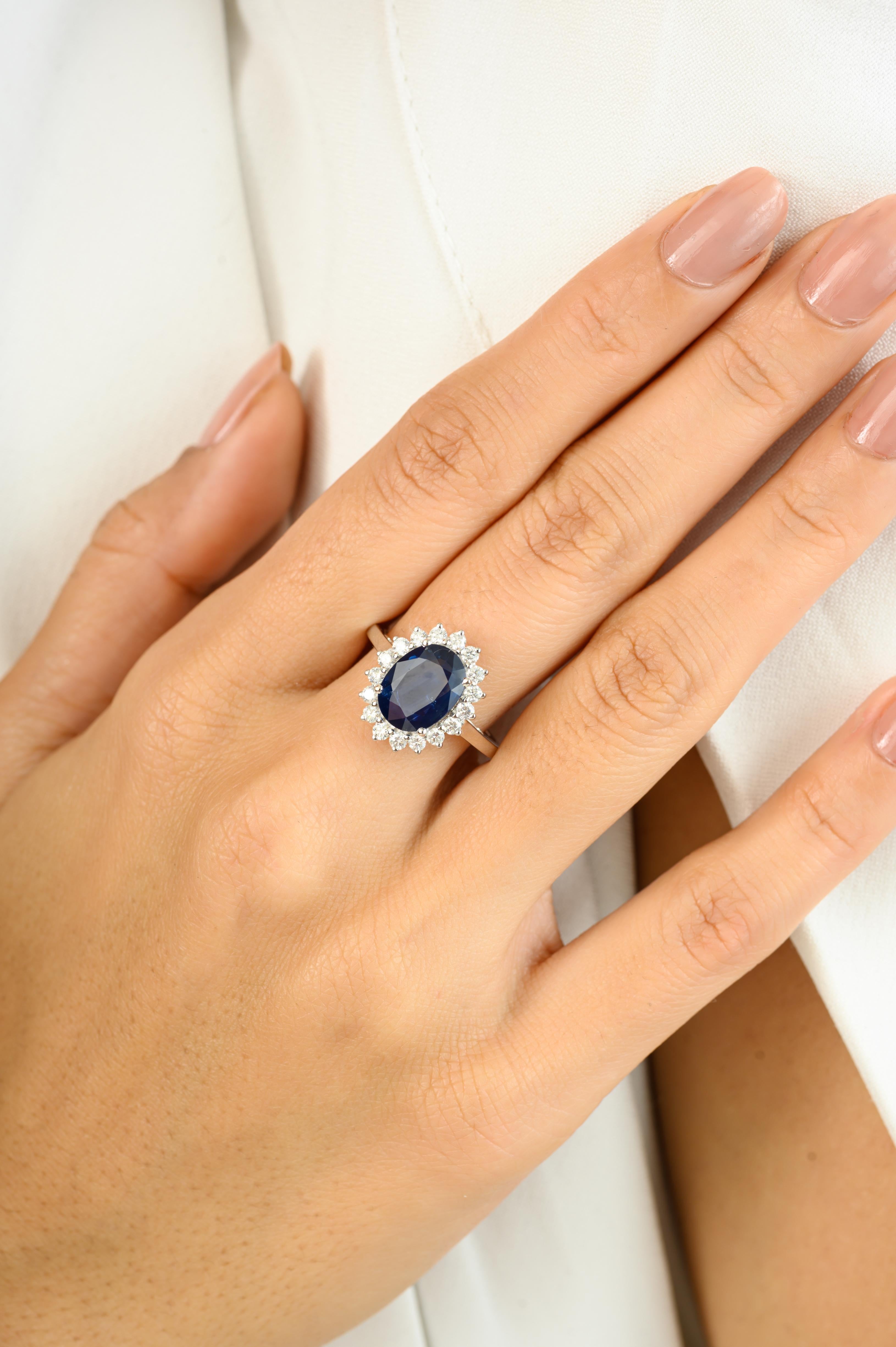 For Sale:  2.92ct Natural Blue Sapphire & Cluster Diamond in 14k Solid White Gold Ring 7