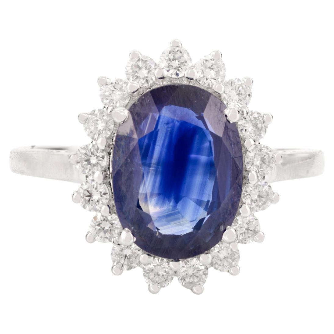 For Sale:  2.92ct Natural Blue Sapphire & Cluster Diamond in 14k Solid White Gold Ring