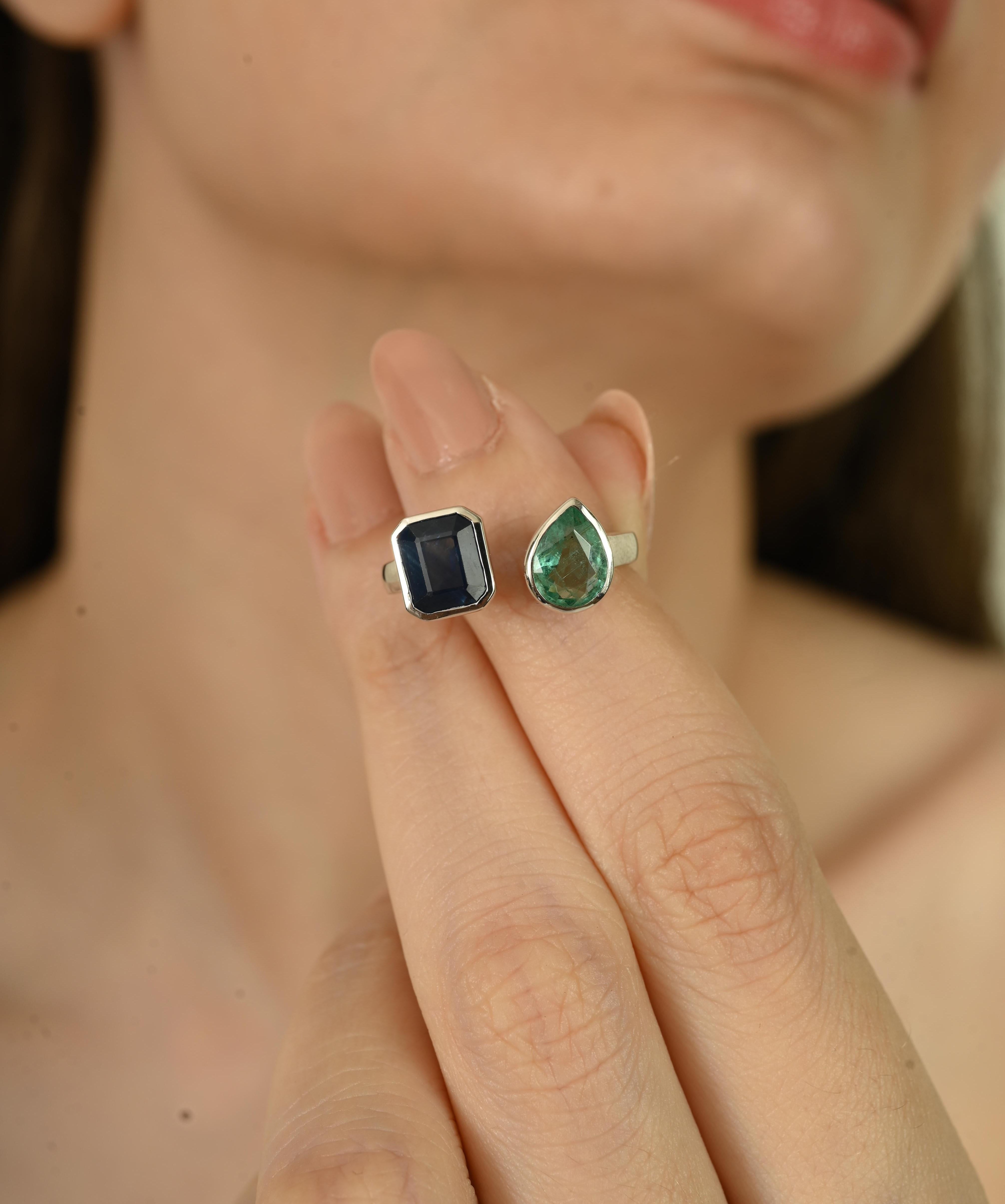 Im Angebot: 2,92 Karat natürlicher Saphir & Smaragd Toi et Moi Ring in 18k Weißgold Urlaubsgeschenk () 4