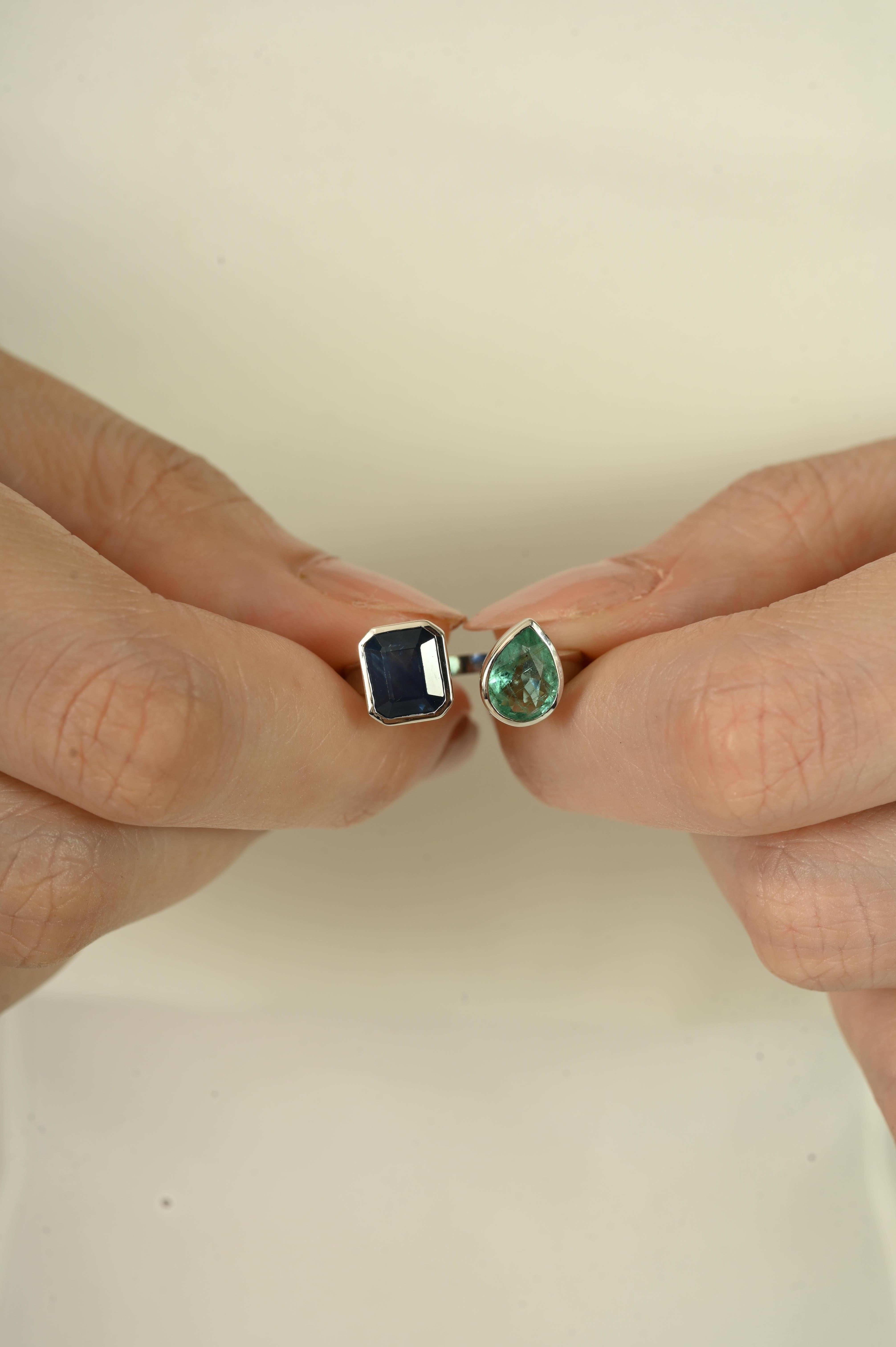 Im Angebot: 2,92 Karat natürlicher Saphir & Smaragd Toi et Moi Ring in 18k Weißgold Urlaubsgeschenk () 6
