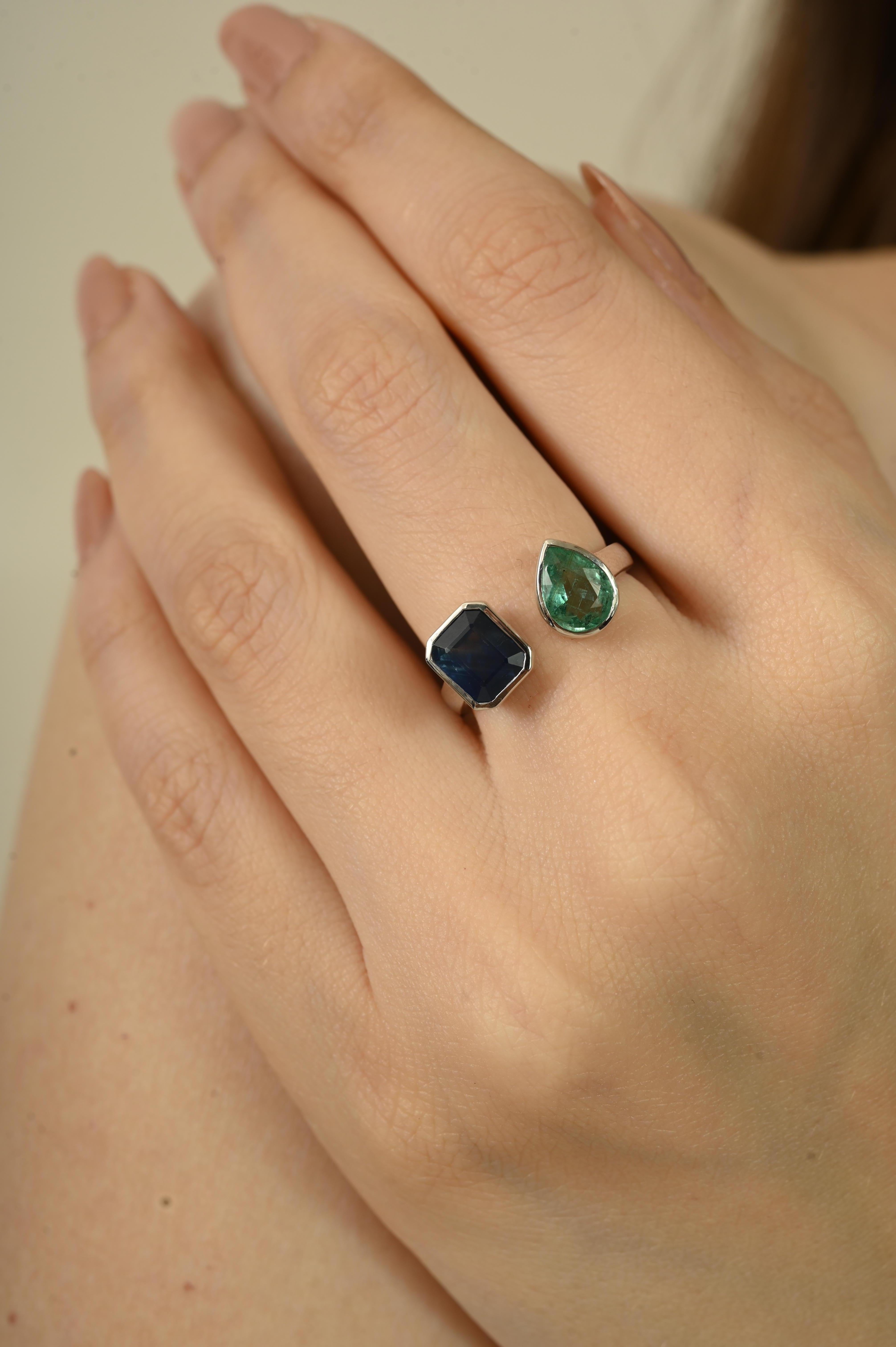 Im Angebot: 2,92 Karat natürlicher Saphir & Smaragd Toi et Moi Ring in 18k Weißgold Urlaubsgeschenk () 8