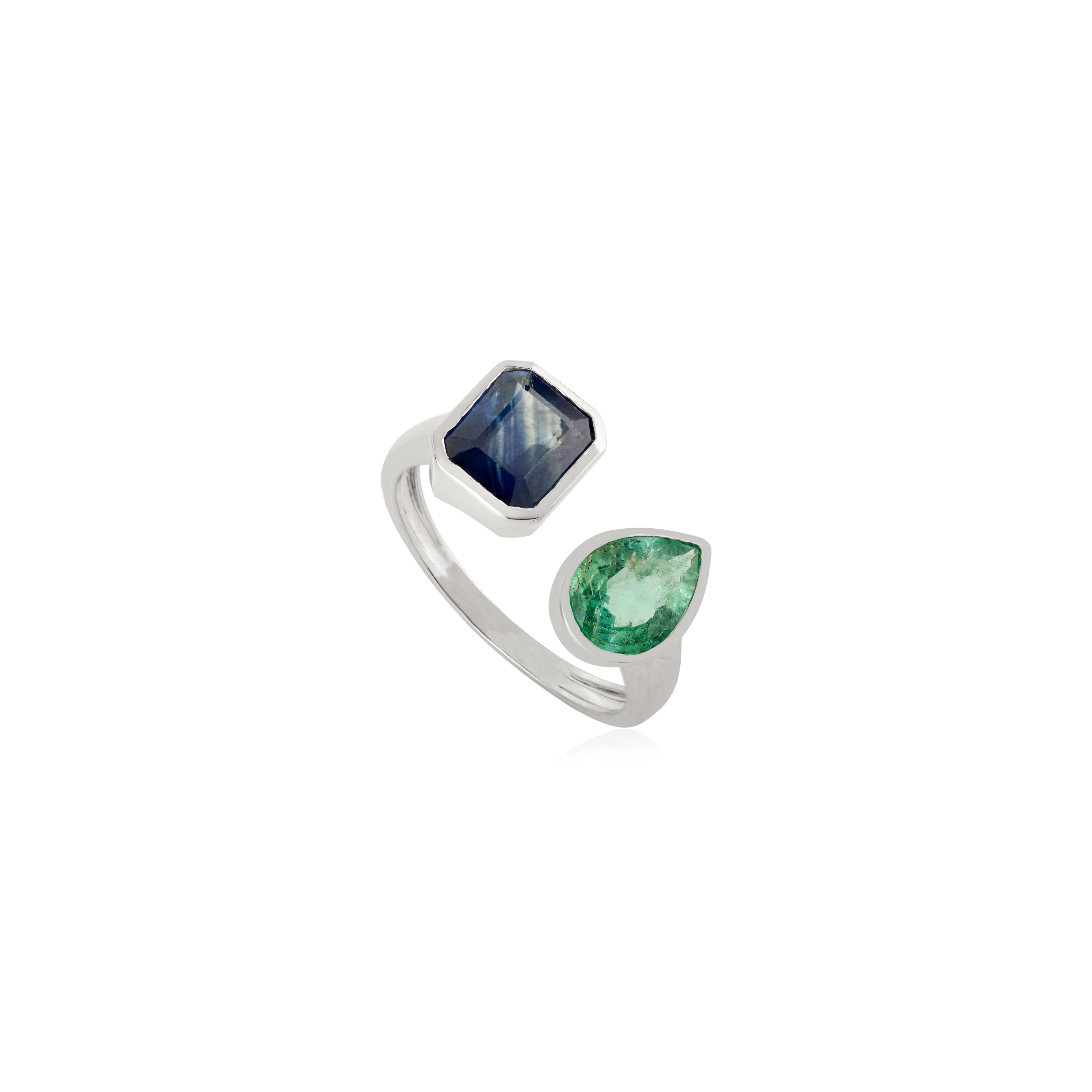 Im Angebot: 2,92 Karat natürlicher Saphir & Smaragd Toi et Moi Ring in 18k Weißgold Urlaubsgeschenk () 9
