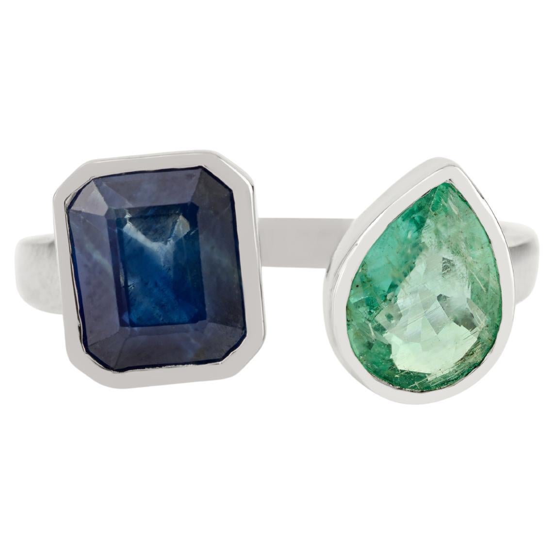 2.92Ct Natural Sapphire & Emerald Toi et Moi Ring in 18k White Gold Holiday Gift