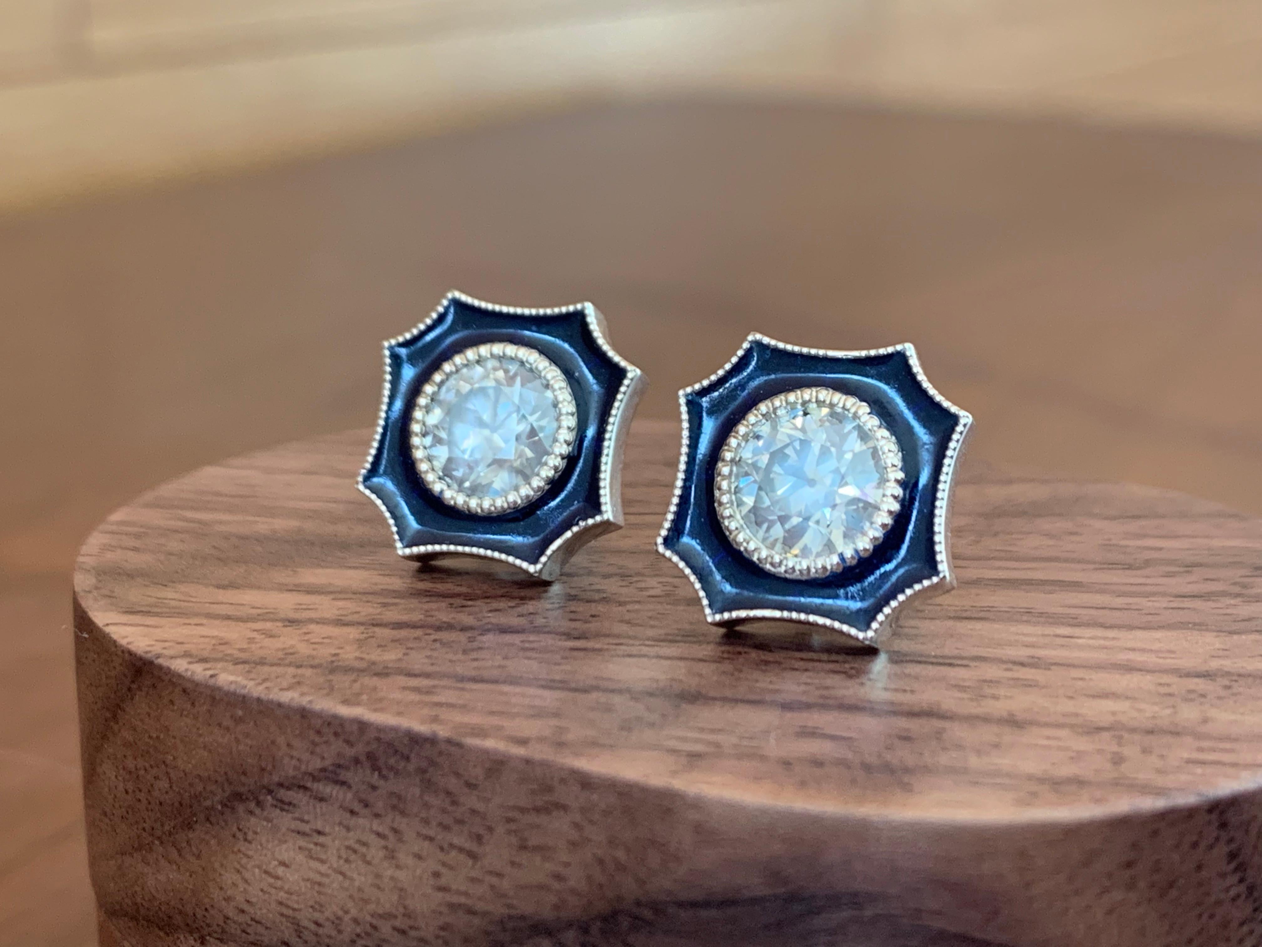 Taille vieille mine Boucles d'oreilles en diamant taille ancienne de 2,93 carats de style Art déco (or 14K) en vente