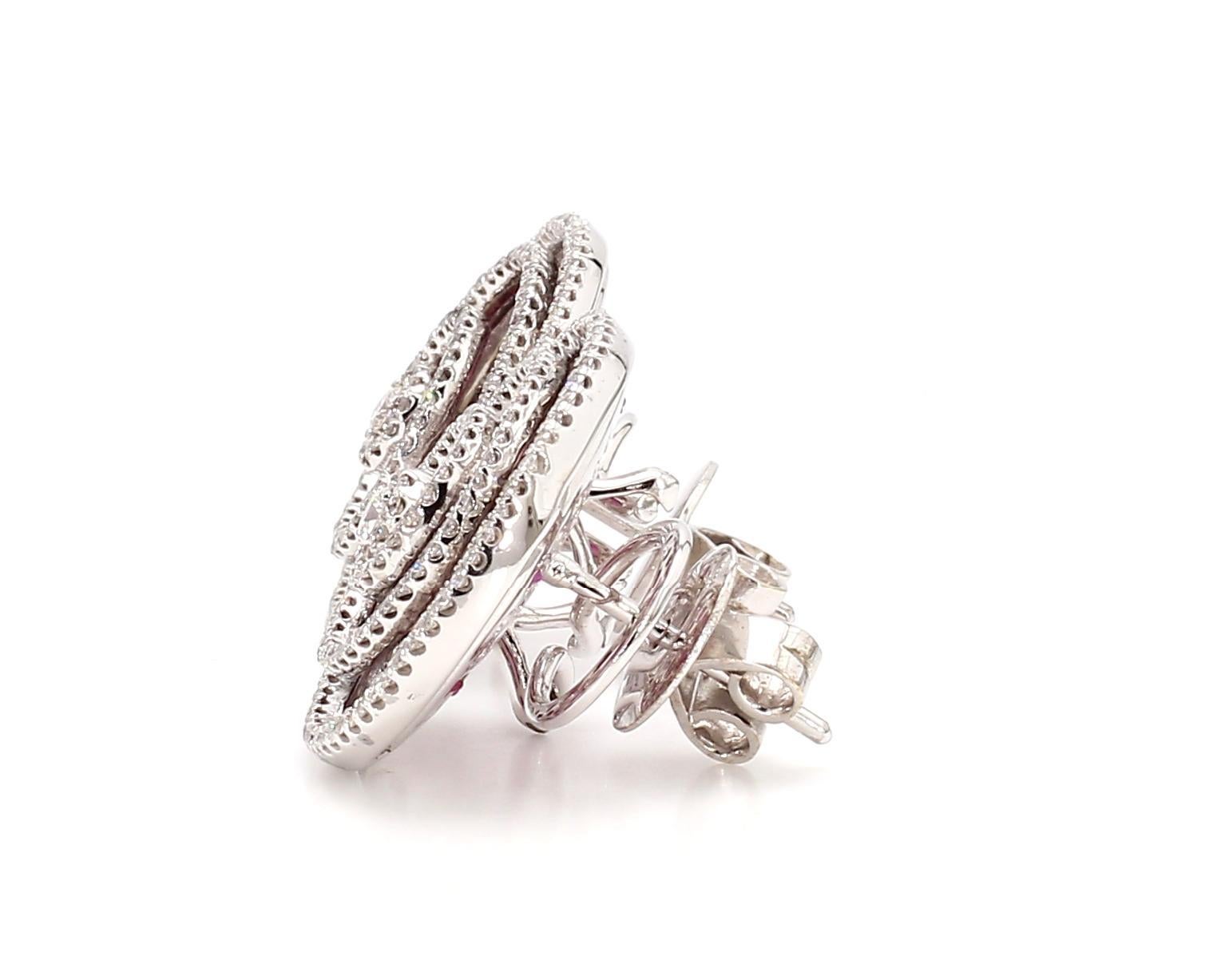 Modern 2.93 Carat Diamond Ruby Swirly Stud Earrings in 18K Gold For Sale