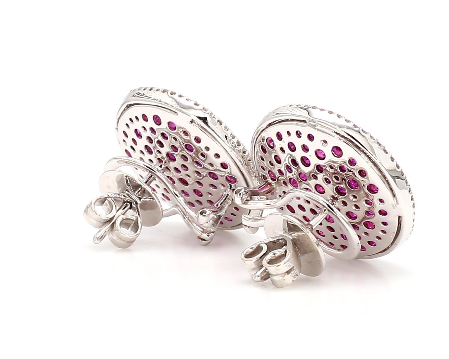 2.93 Carat Diamond Ruby Swirly Stud Earrings in 18K Gold For Sale 1