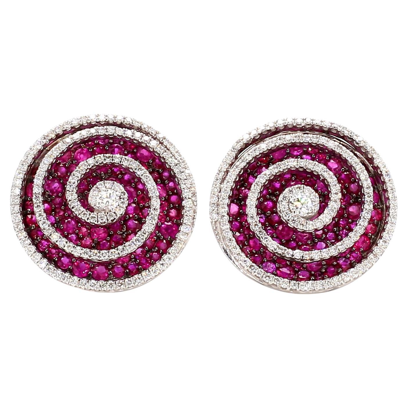 2.93 Carat Diamond Ruby Swirly Stud Earrings in 18K Gold