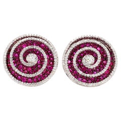 2.93 Carat Diamond Ruby Swirly Stud Earrings in 18K Gold