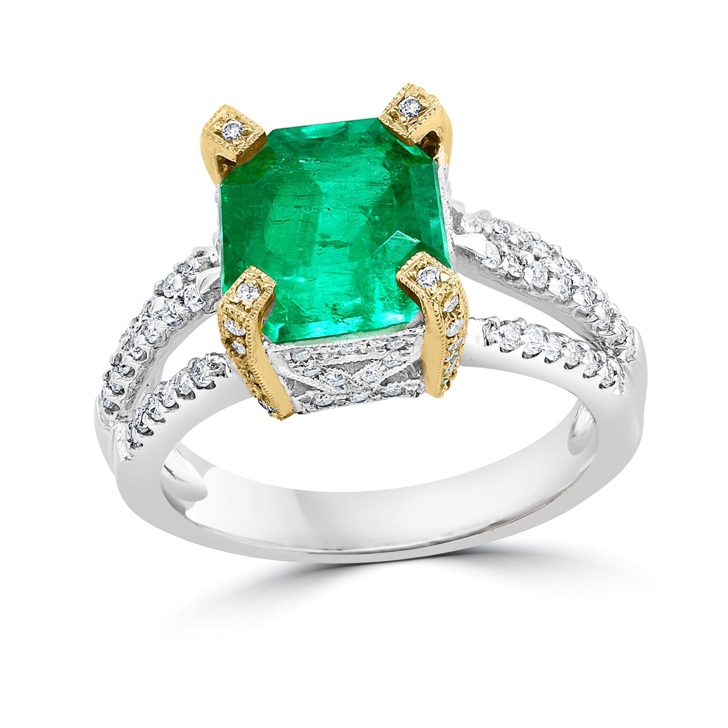 2.93 Carat Emerald Cut Colombian Emerald & 0.52Ct Diamond Ring 18K White/Y Gold For Sale 3