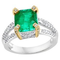 2.93 Carat Emerald Cut Colombian Emerald & 0.52Ct Diamond Ring 18K White/Y Gold