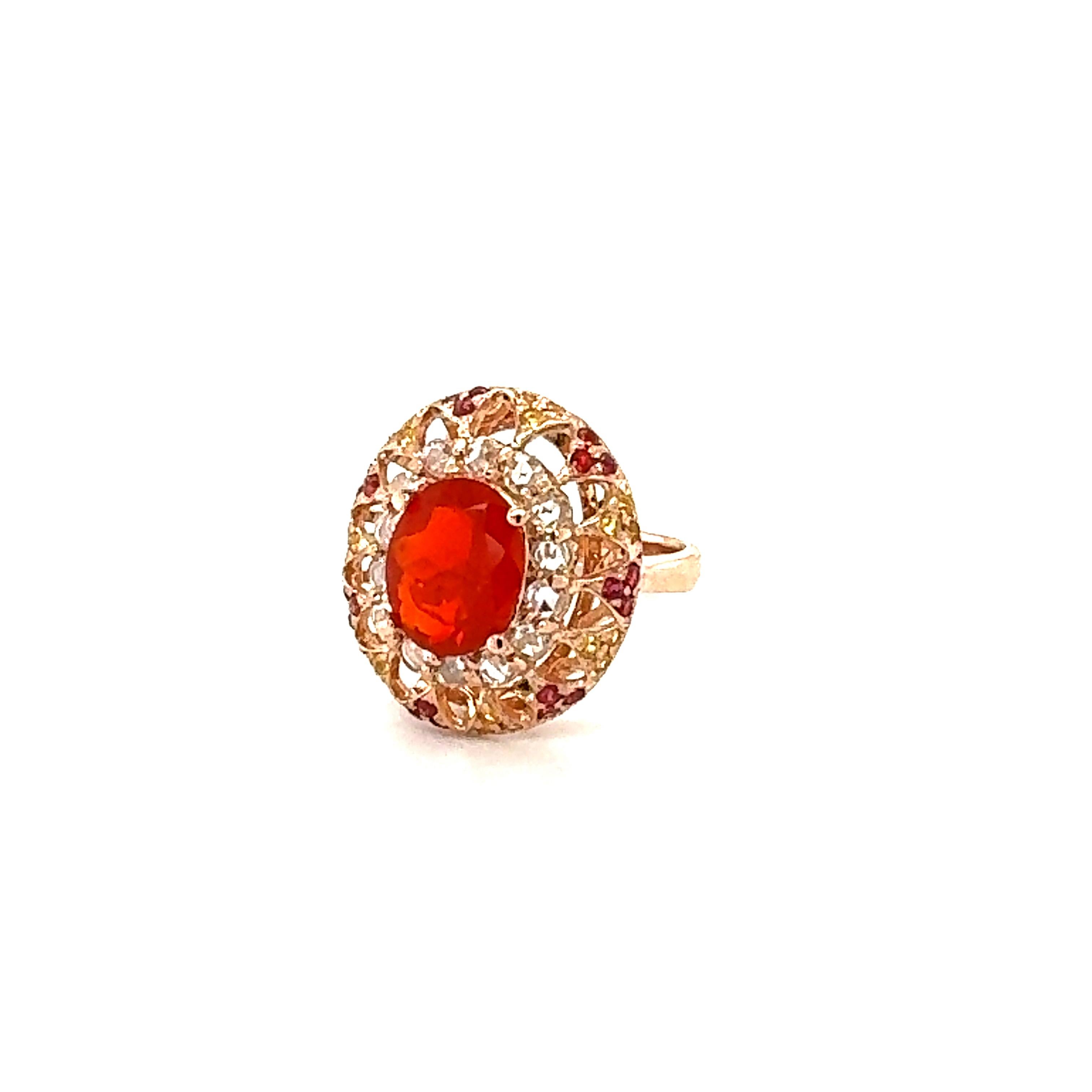 Contemporary 2.93 Carat Fire Opal Rose Cut Diamond Rose Gold Cocktail Ring For Sale