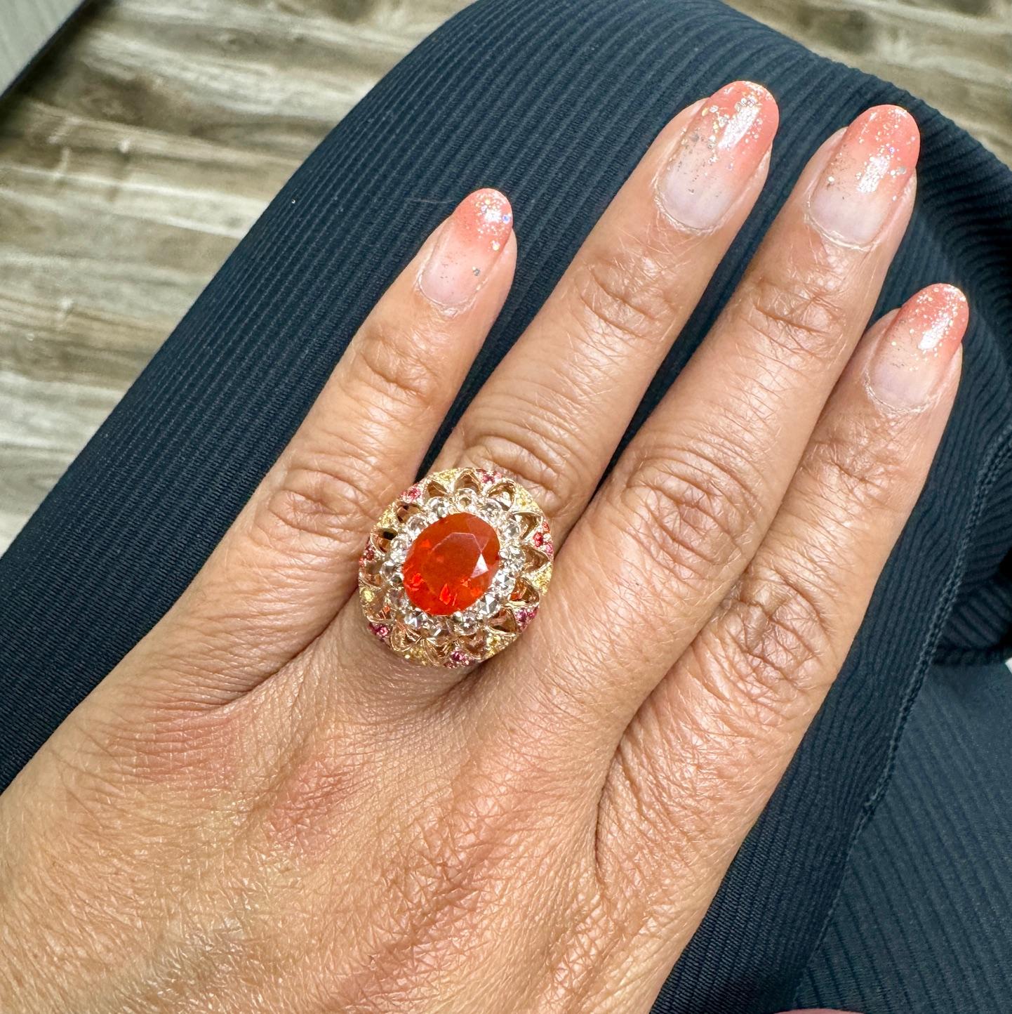 2.93 Carat Fire Opal Rose Cut Diamond Rose Gold Cocktail Ring In New Condition For Sale In Los Angeles, CA