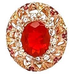 Bague cocktail en or rose avec opale de feu de 2,93 carats et diamants taille rose