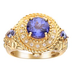 2.93 Carat Genuine Tanzanite and Diamond 14 Karat Yellow Gold Ring