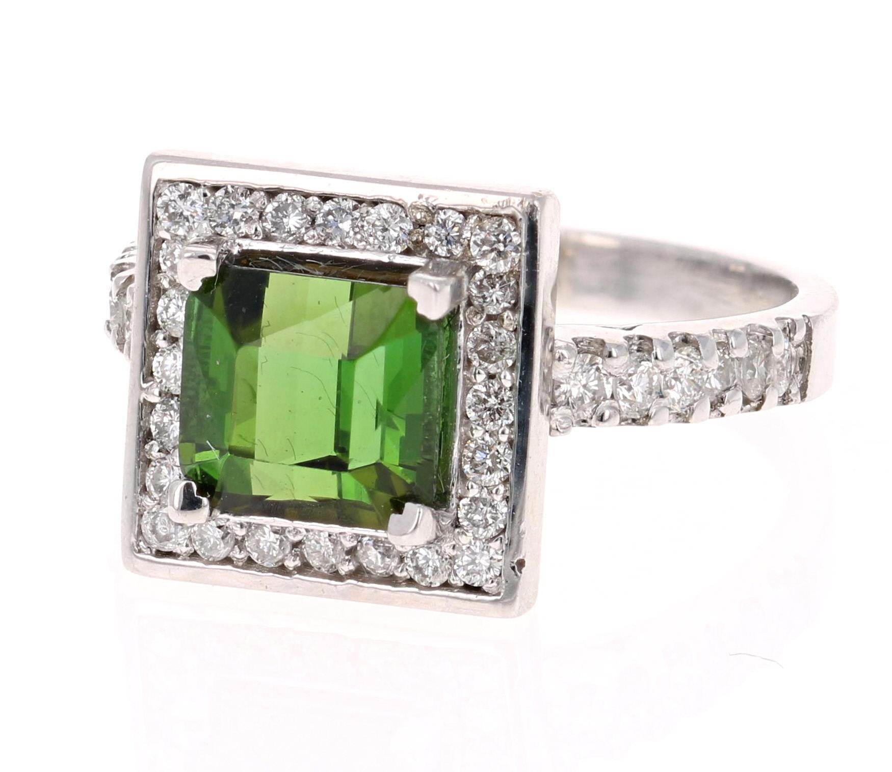 Contemporary 2.93 Carat Green Tourmaline Diamond White Gold Ring For Sale
