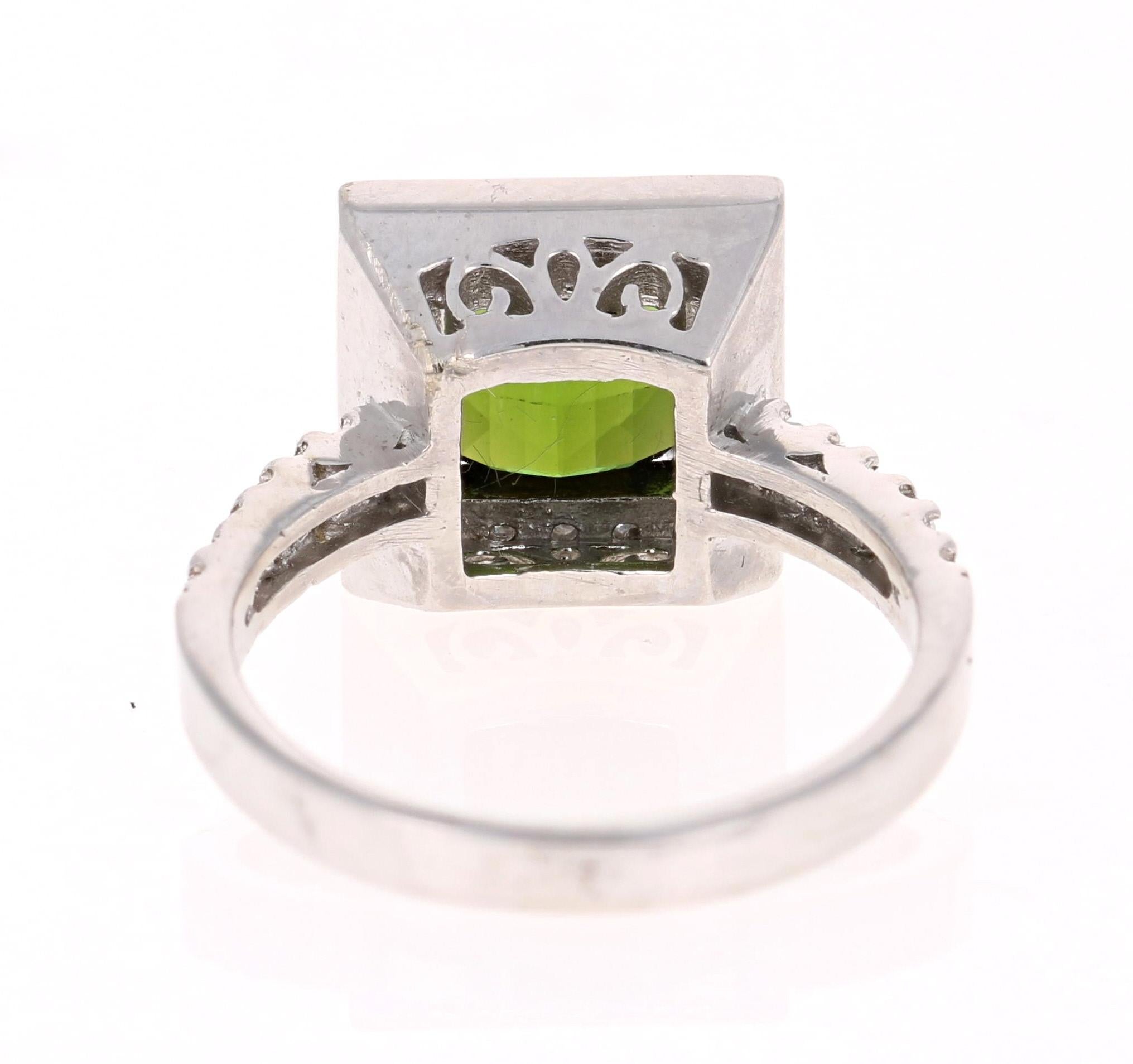 Square Cut 2.93 Carat Green Tourmaline Diamond White Gold Ring For Sale