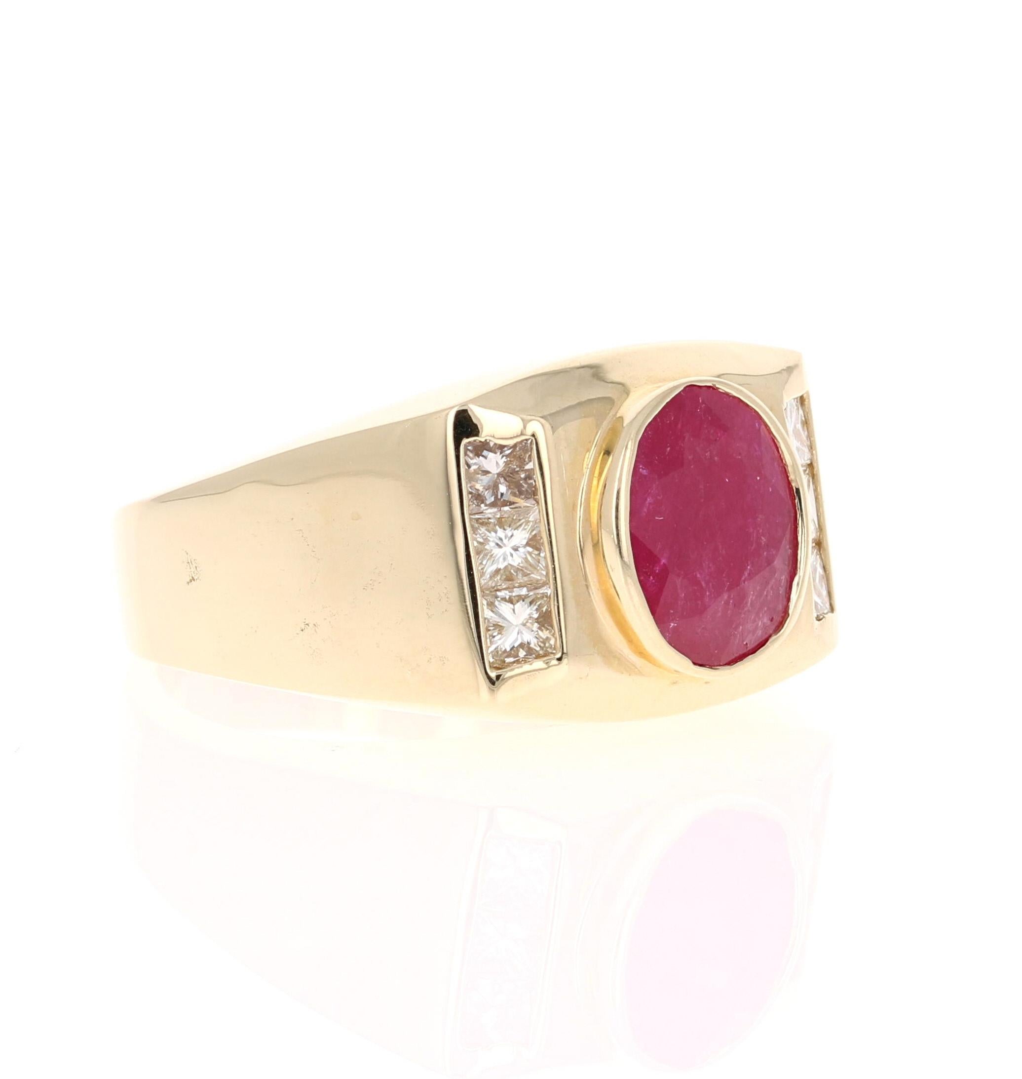 We also carry a unique Men's Collection of Wedding Bands & Rings! 

This amazing piece is set with a beautiful oval cut Ruby that weighs 2.23 Carats and has 6 Princess Cut Diamonds that weighs 0.70 Carats. The Total Carat Weight of the ring is 2.93