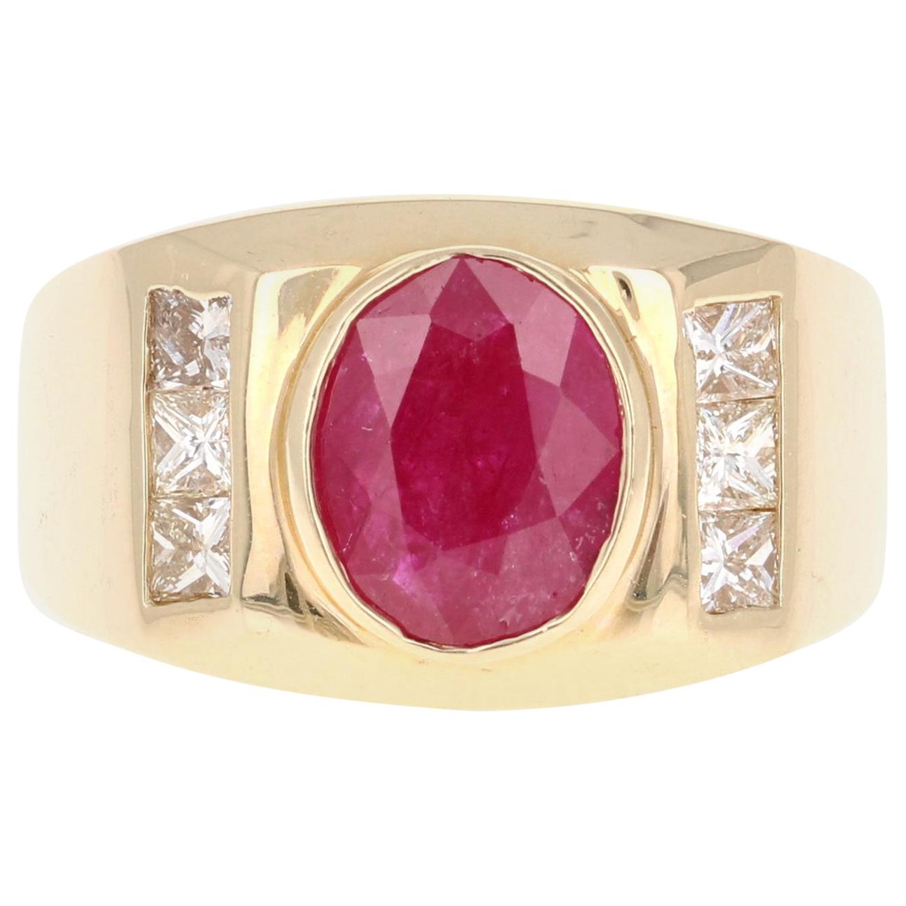 2.93 Carat Men's Ruby Diamond 14 Karat Yellow Gold Ring