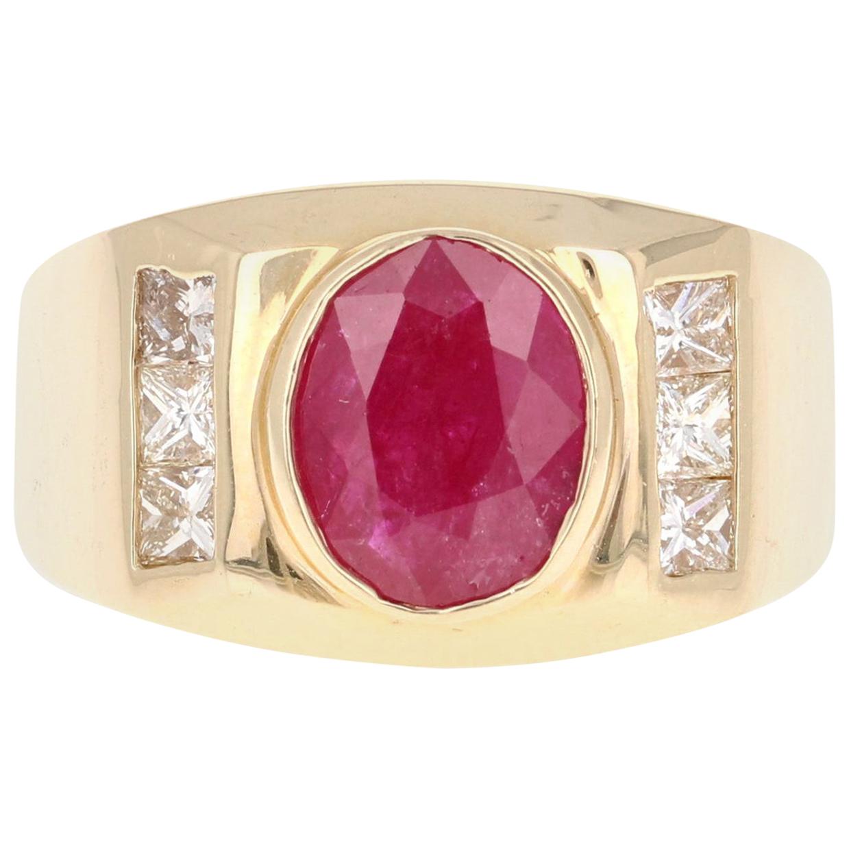 2.93 Carat Men's Ruby Diamond 14 Karat Yellow Gold Ring For Sale