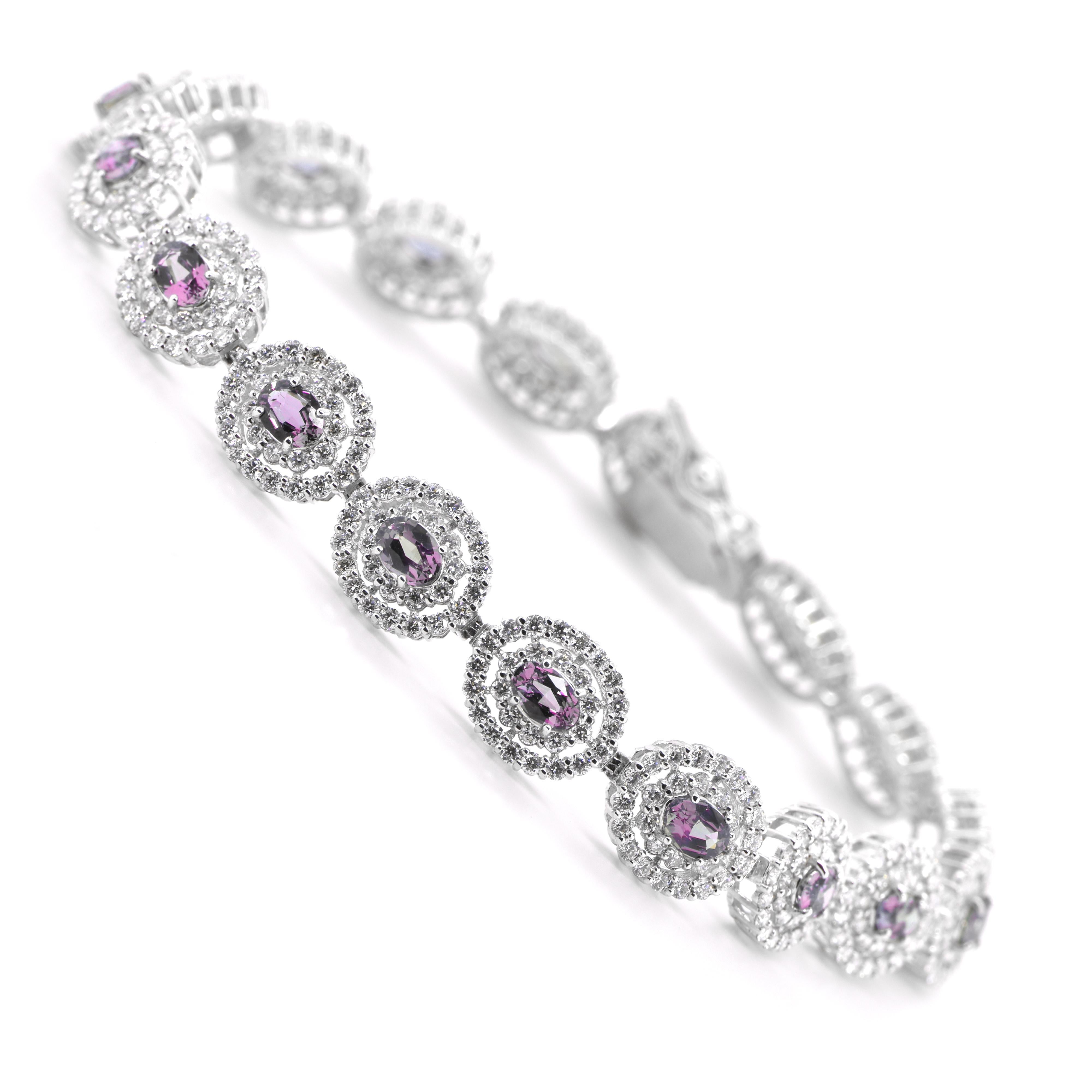 A gorgeous Bracelet featuring a total of 2.93 Carats Natural Alexandrite and 3.30 Carats of Diamond Accents set in Platinum. Alexandrites produce a natural color-change phenomenon as they exhibit a Bluish Green Color under Fluorescent Light whereas