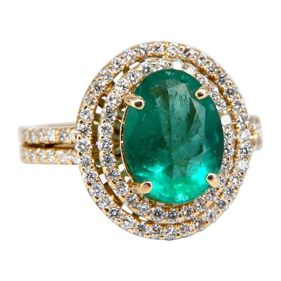 2.93 Carat Natural Emerald Diamonds Double Halo Ring 14 Karat*