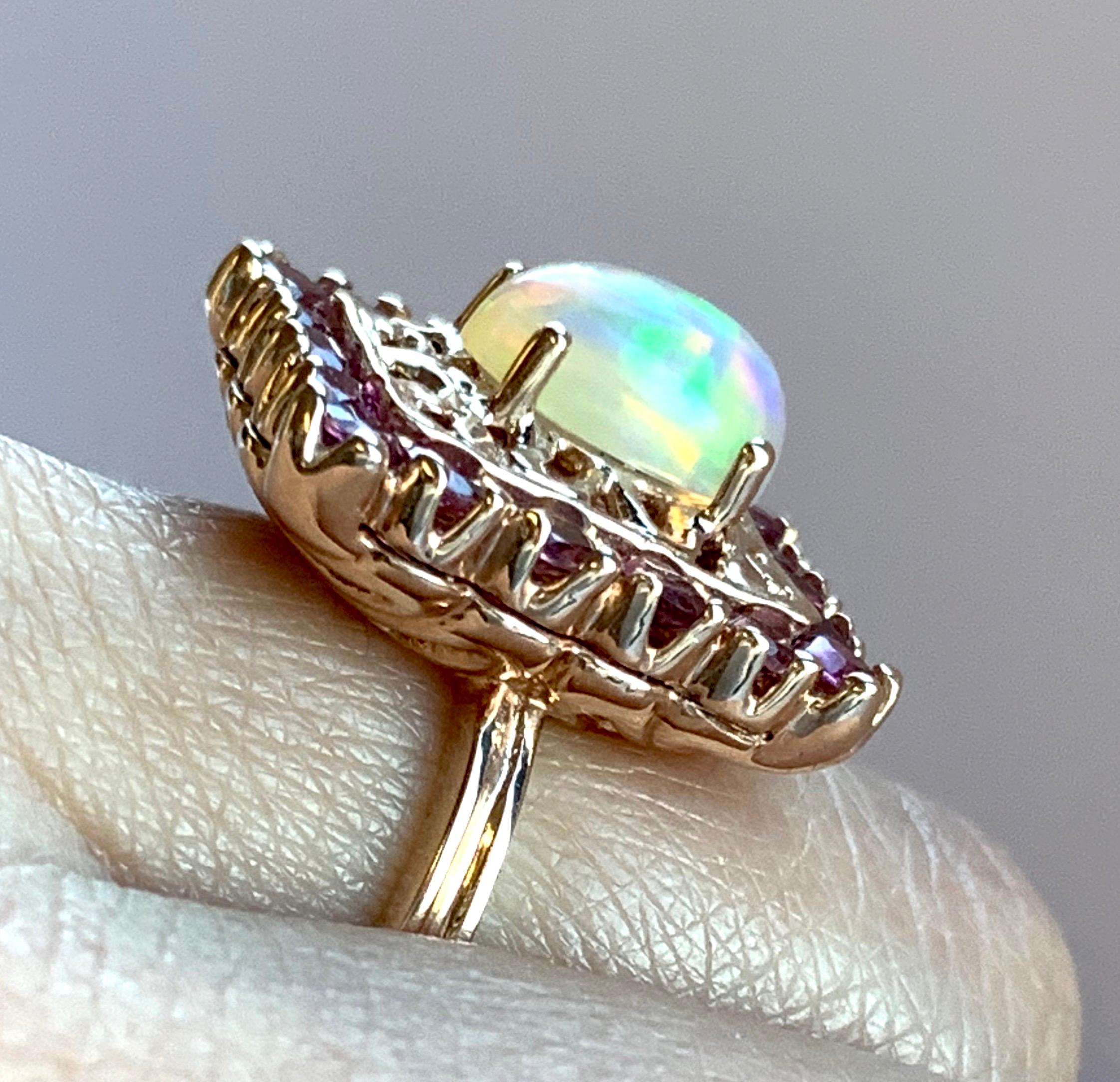 Contemporary Natural White Opal Pink Tourmaline Square Halo Cocktail Ring 14K Rose Gold