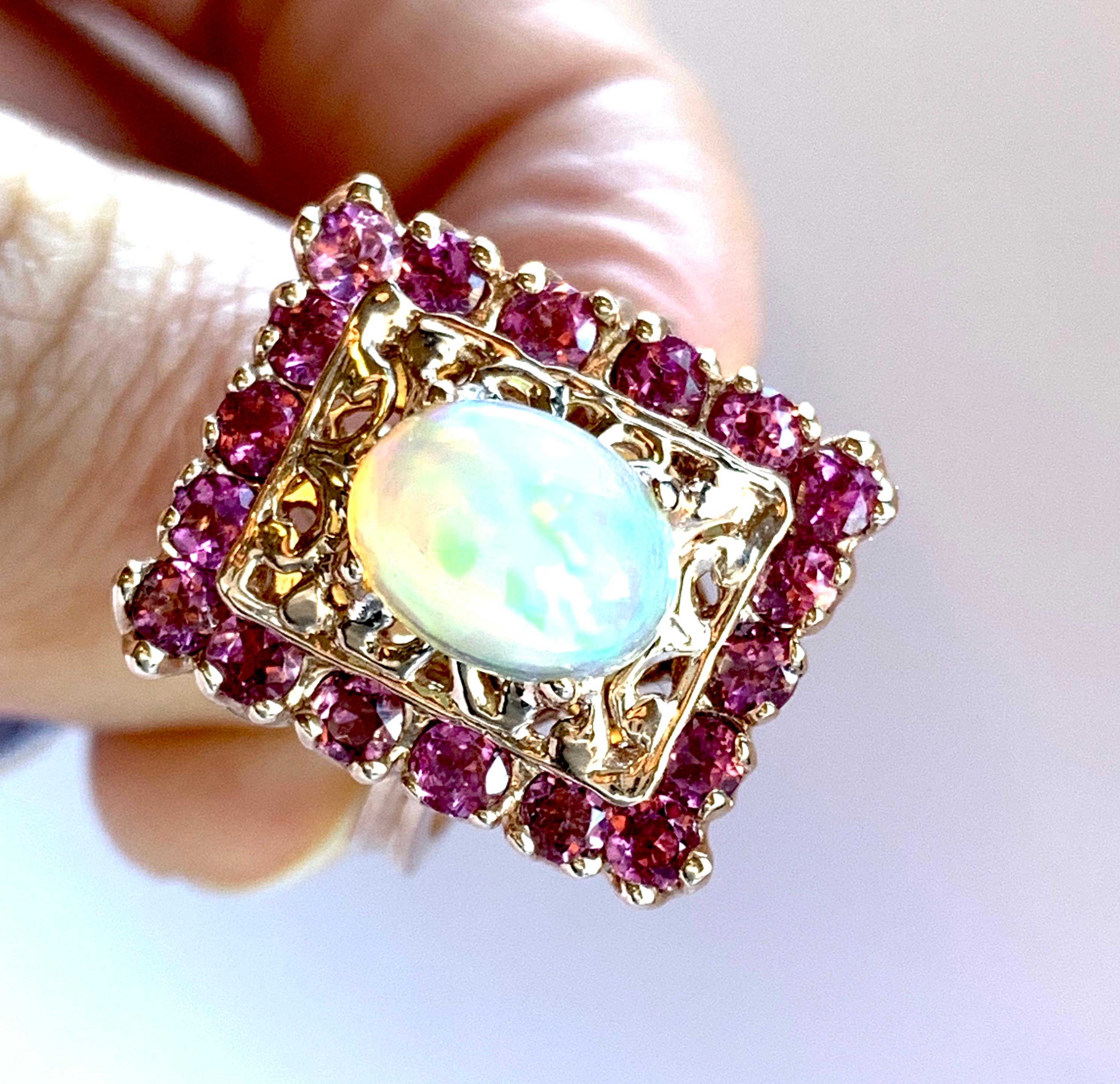 Natural White Opal Pink Tourmaline Square Halo Cocktail Ring 14K Rose Gold In New Condition In GREAT NECK, NY
