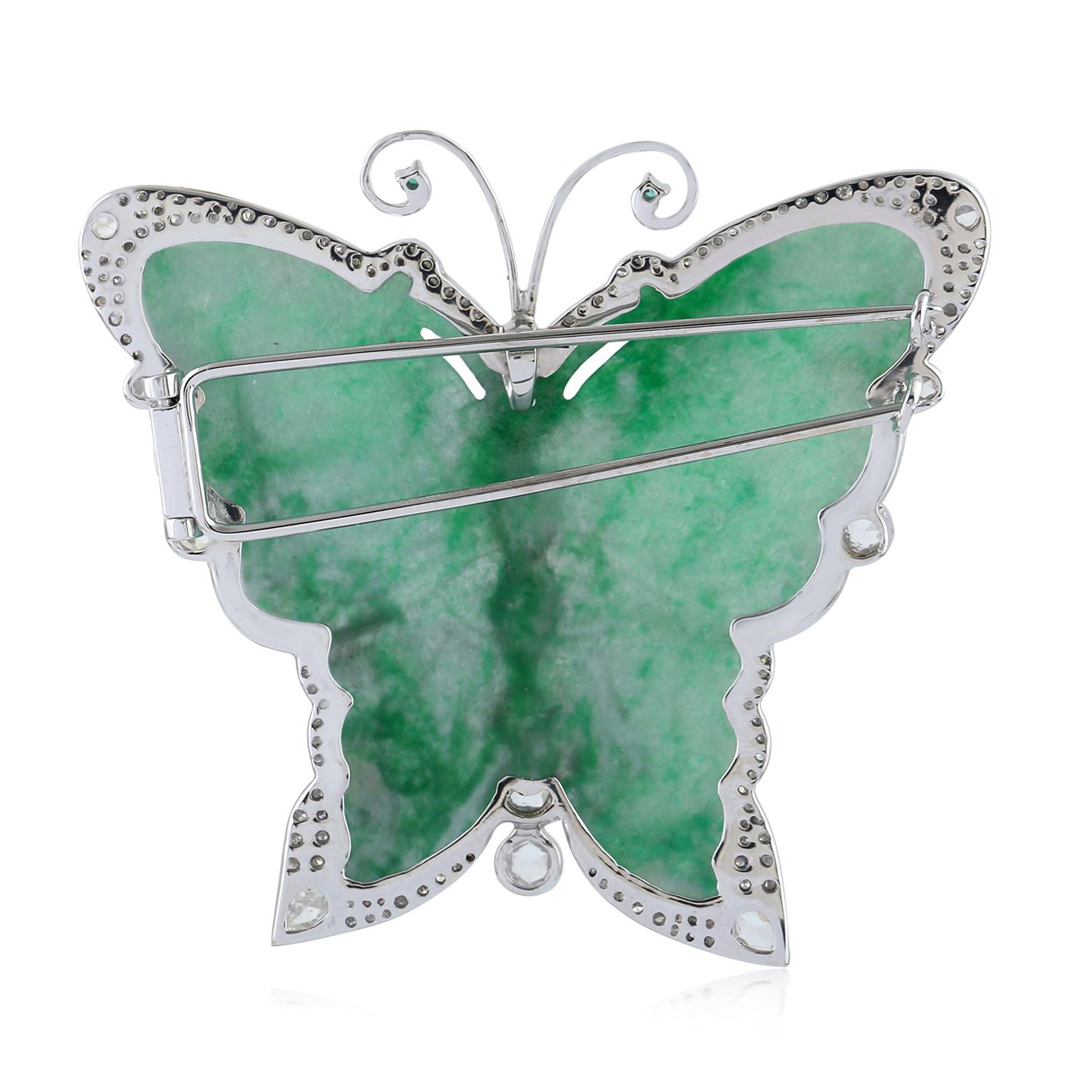Cast in 18K gold & sterling silver, this stunning brooch is hand set in 29.3 carats Jade, .06 carats emerald and 1.25 carats of sparkling diamonds.

FOLLOW  MEGHNA JEWELS storefront to view the latest collection & exclusive pieces.  Meghna Jewels is