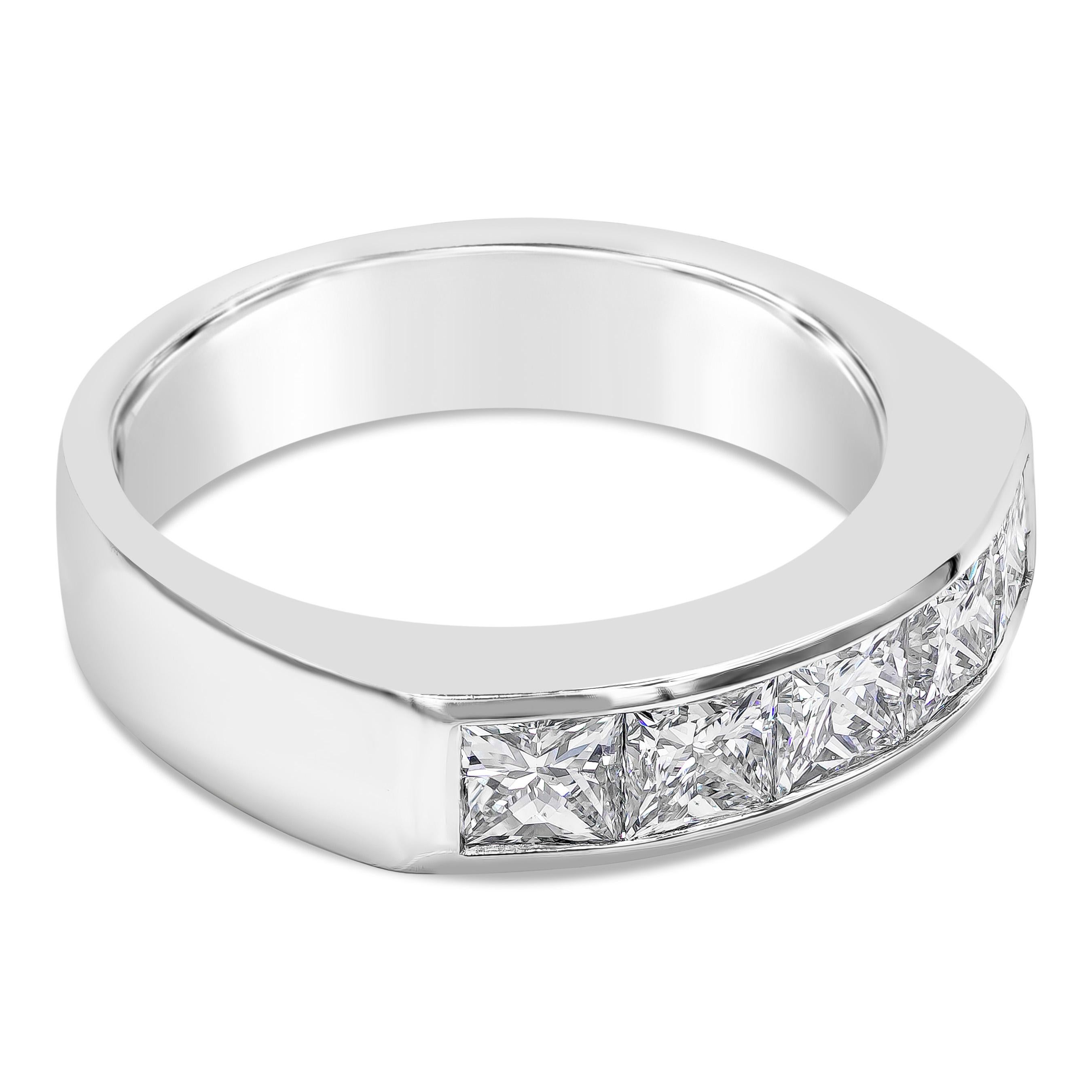 A subtle yet distinctive men's wide wedding band, showcasing five stone princess cut diamonds weighing 2.93 carats total. Channel set on a polished platinum mounting, 5.91 mm in width. Size 12 US, resizable upon request.

Roman Malakov is a custom