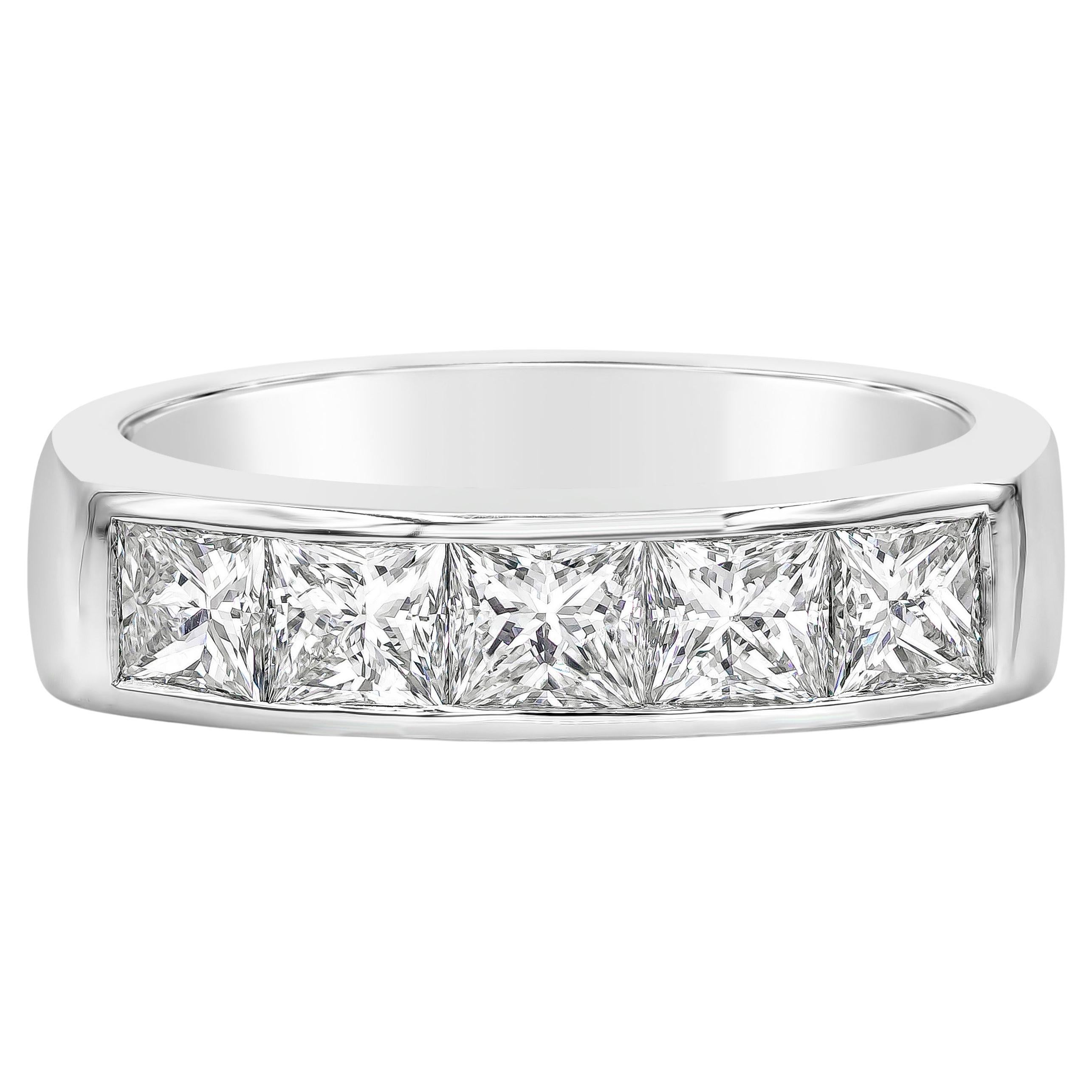 2.93 Carats Total Princess Cut Diamond Five Stone Men's Wedding Band in Platinum For Sale