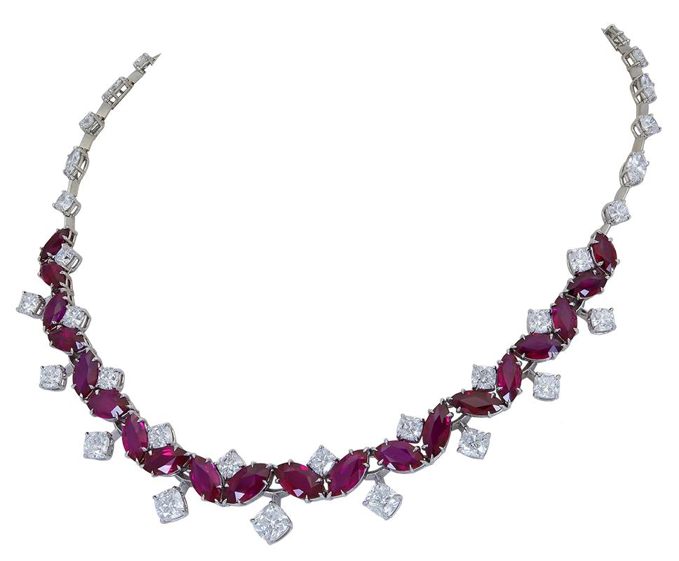 Contemporary 29.30 Carat Marquise Cut Ruby and Diamond Drop Necklace For Sale