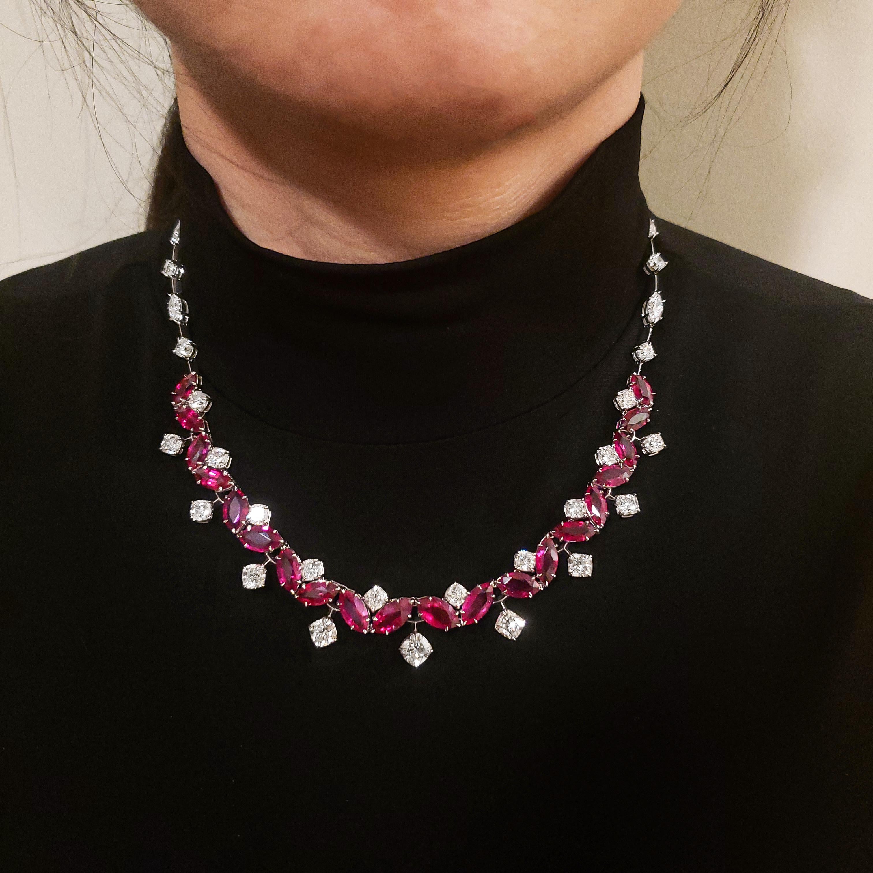 29.30 Carat Marquise Cut Ruby and Diamond Drop Necklace In Excellent Condition For Sale In New York, NY